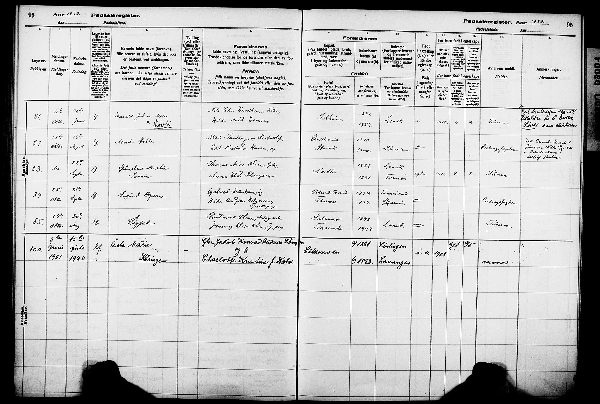 Lenvik sokneprestembete, AV/SATØ-S-1310/I/Ic/L0089: Birth register no. 89, 1916-1926, p. 95