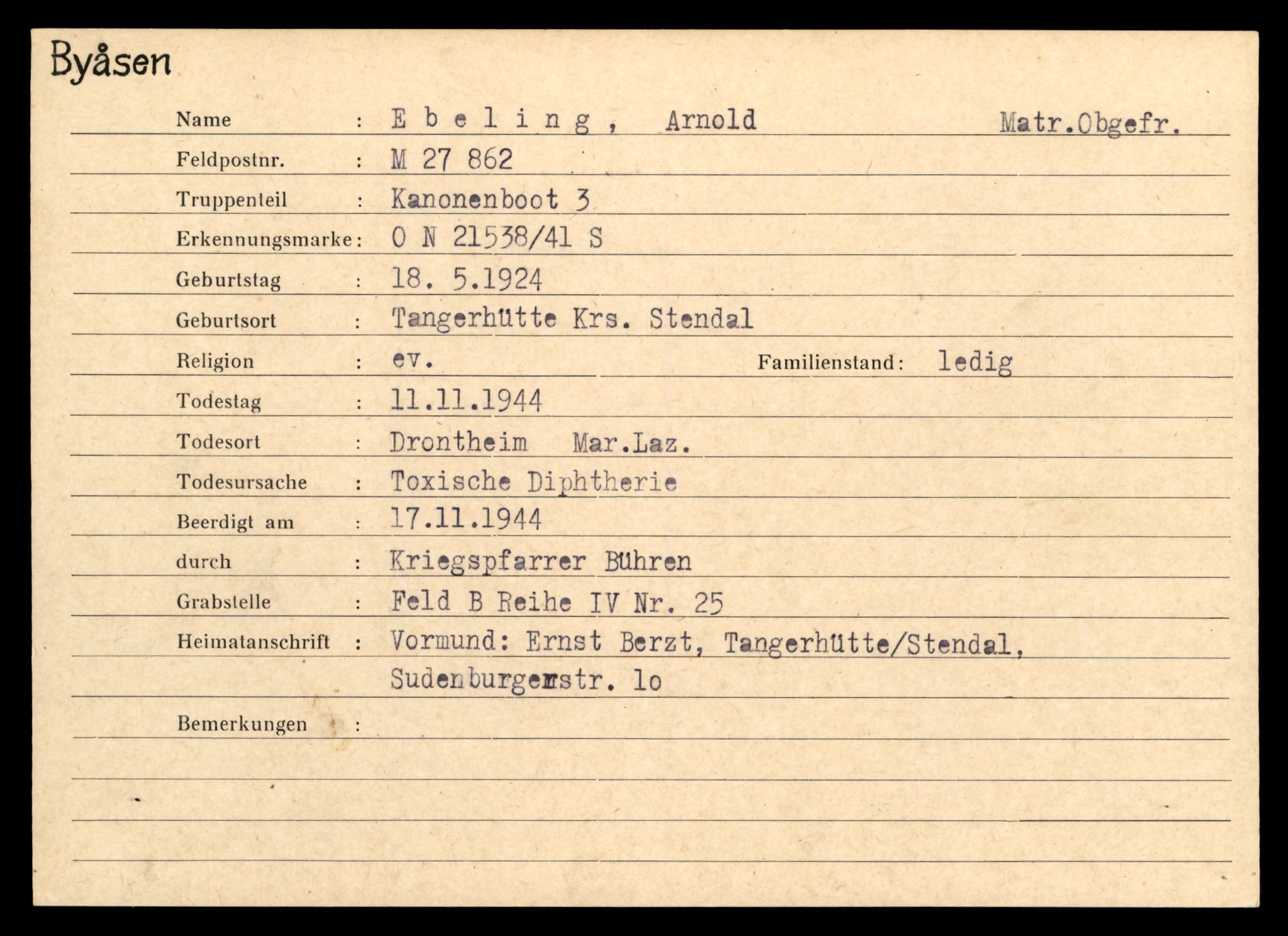 Distriktskontoret for krigsgraver, AV/SAT-A-5030/E/L0004: Kasett/kartotek over tysk Krigskirkegård på Byåsen, 1945, p. 333