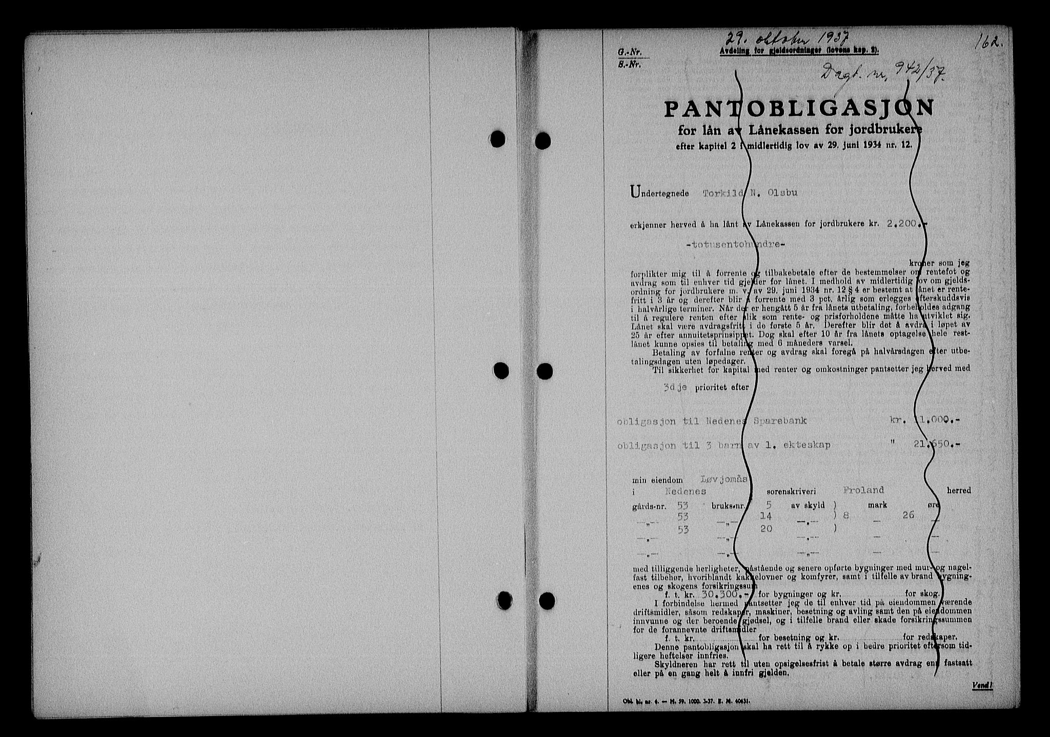 Nedenes sorenskriveri, AV/SAK-1221-0006/G/Gb/Gba/L0044: Mortgage book no. 40, 1937-1938, Diary no: : 942/1937