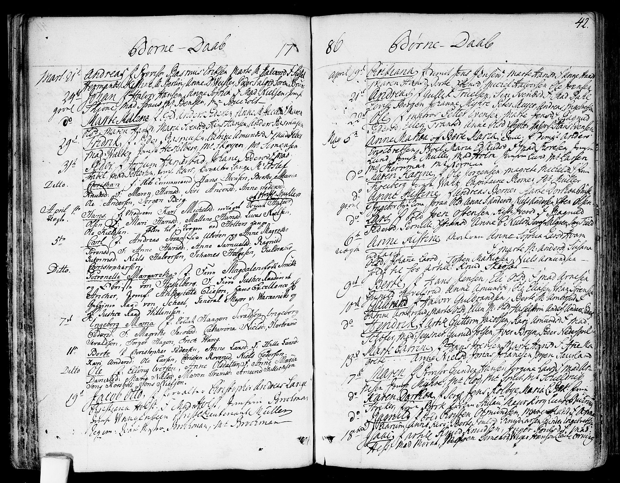 Garnisonsmenigheten Kirkebøker, AV/SAO-A-10846/F/Fa/L0003: Parish register (official) no. 3, 1777-1809, p. 42