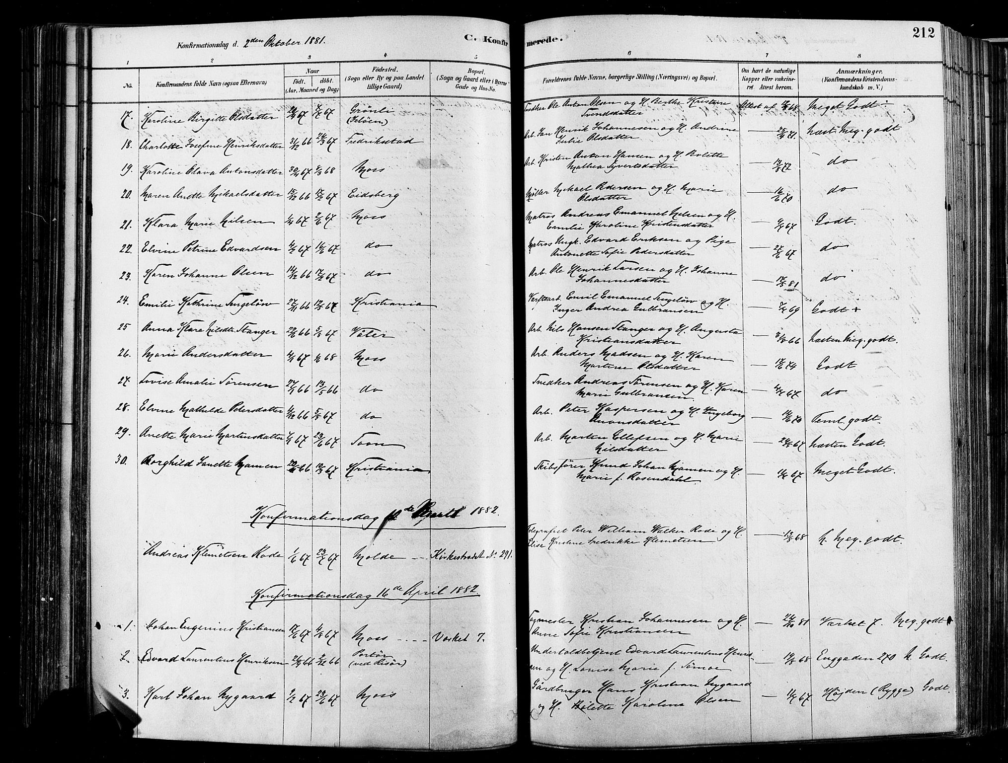 Moss prestekontor Kirkebøker, SAO/A-2003/F/Fb/L0001: Parish register (official) no. II 1, 1878-1886, p. 212