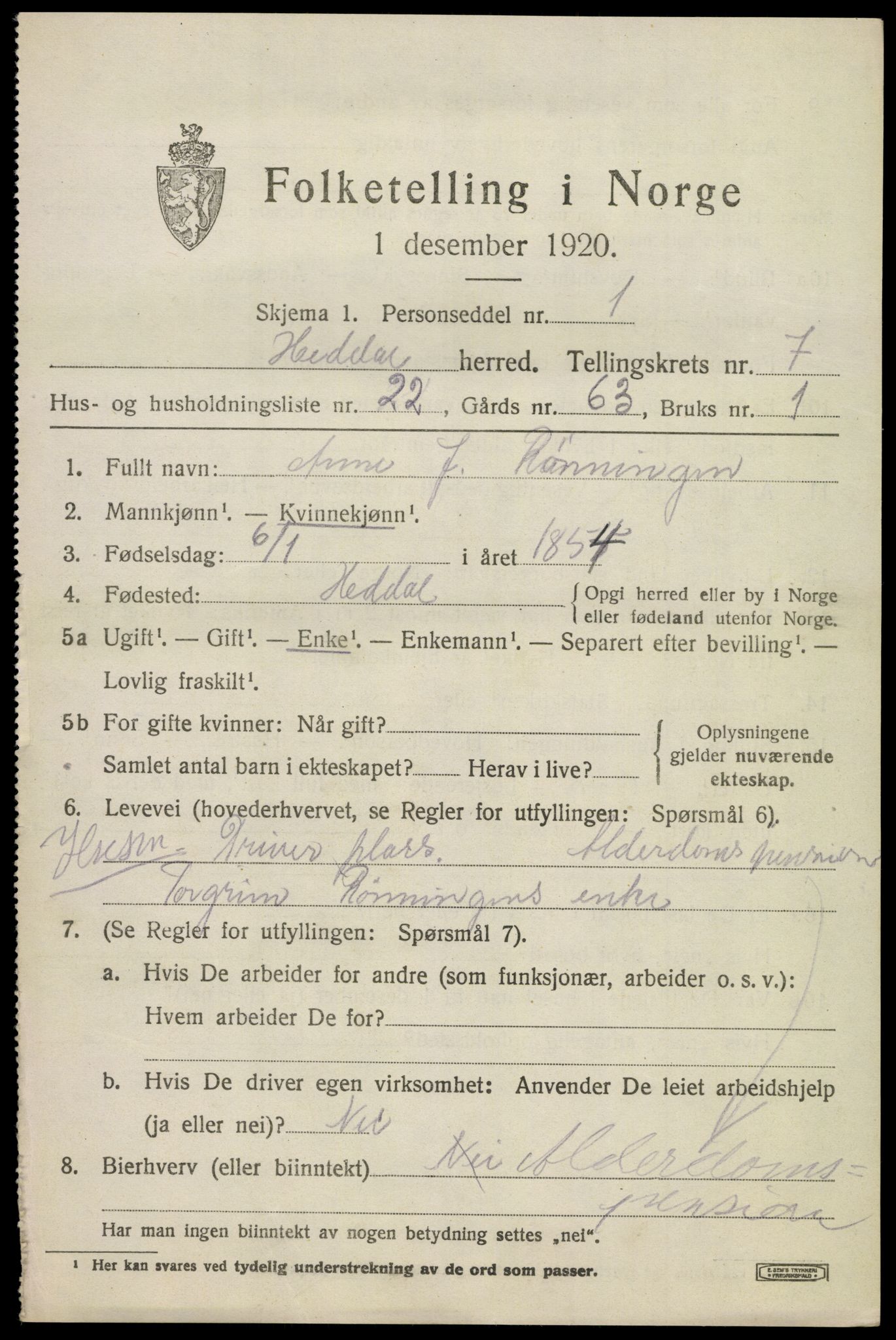 SAKO, 1920 census for Heddal, 1920, p. 5664