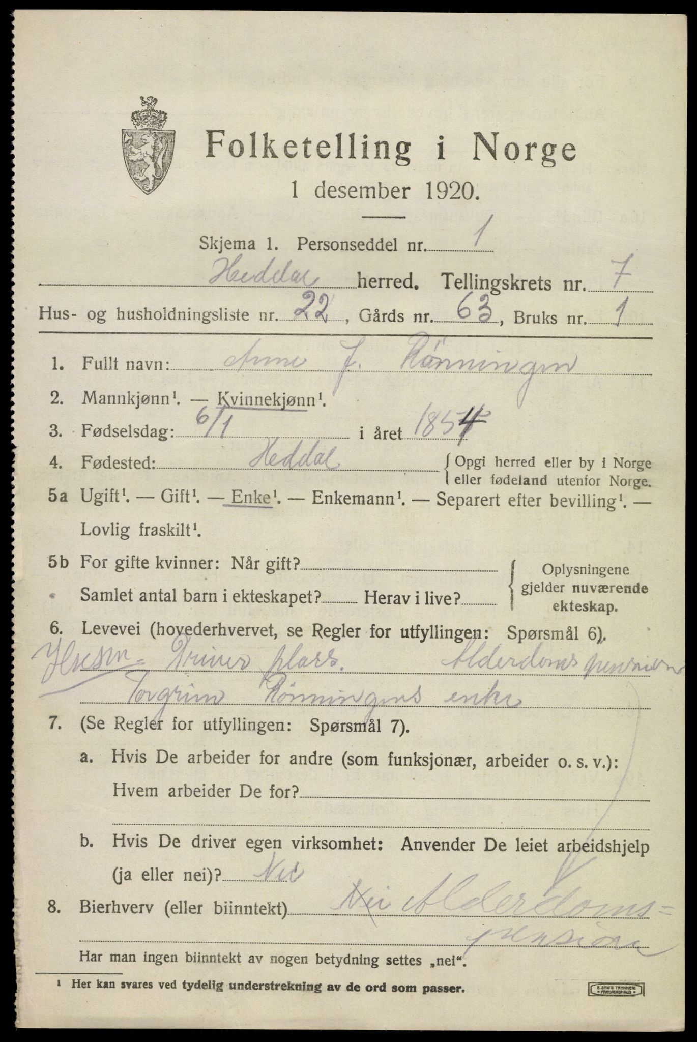 SAKO, 1920 census for Heddal, 1920, p. 5664