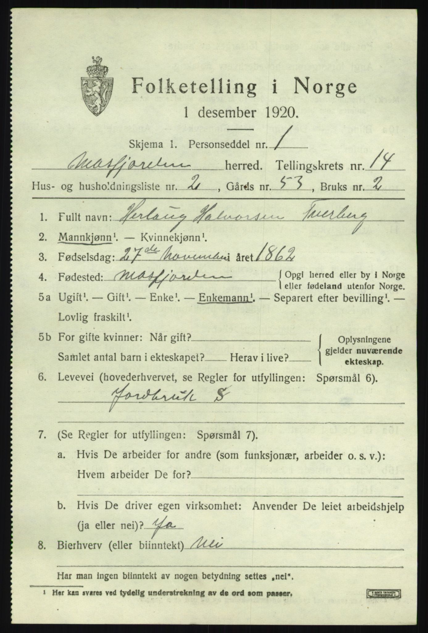 SAB, 1920 census for Masfjorden, 1920, p. 5107