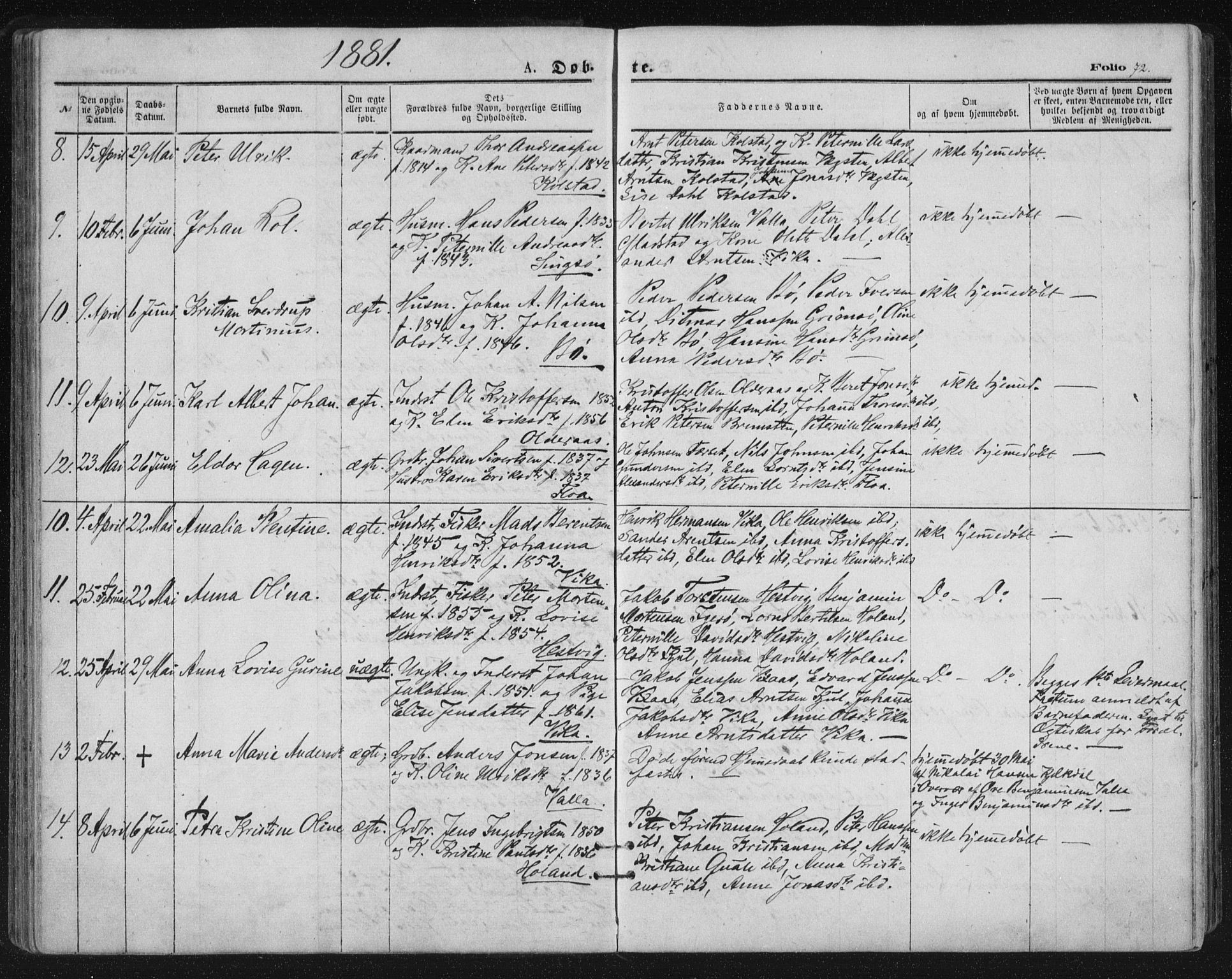 Ministerialprotokoller, klokkerbøker og fødselsregistre - Nordland, SAT/A-1459/816/L0241: Parish register (official) no. 816A07, 1870-1885, p. 72