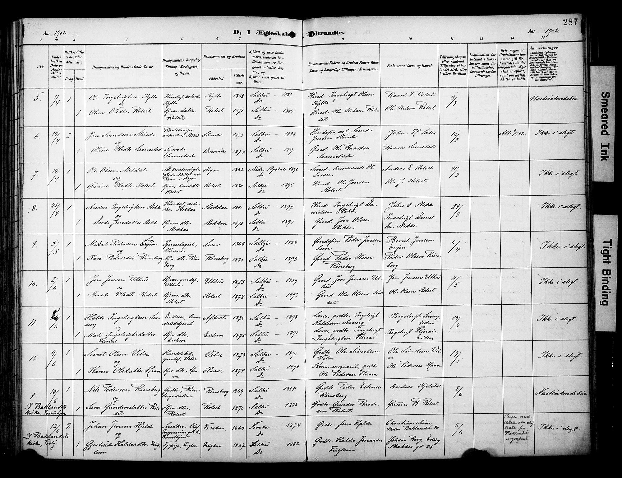 Ministerialprotokoller, klokkerbøker og fødselsregistre - Sør-Trøndelag, SAT/A-1456/695/L1149: Parish register (official) no. 695A09, 1891-1902, p. 287