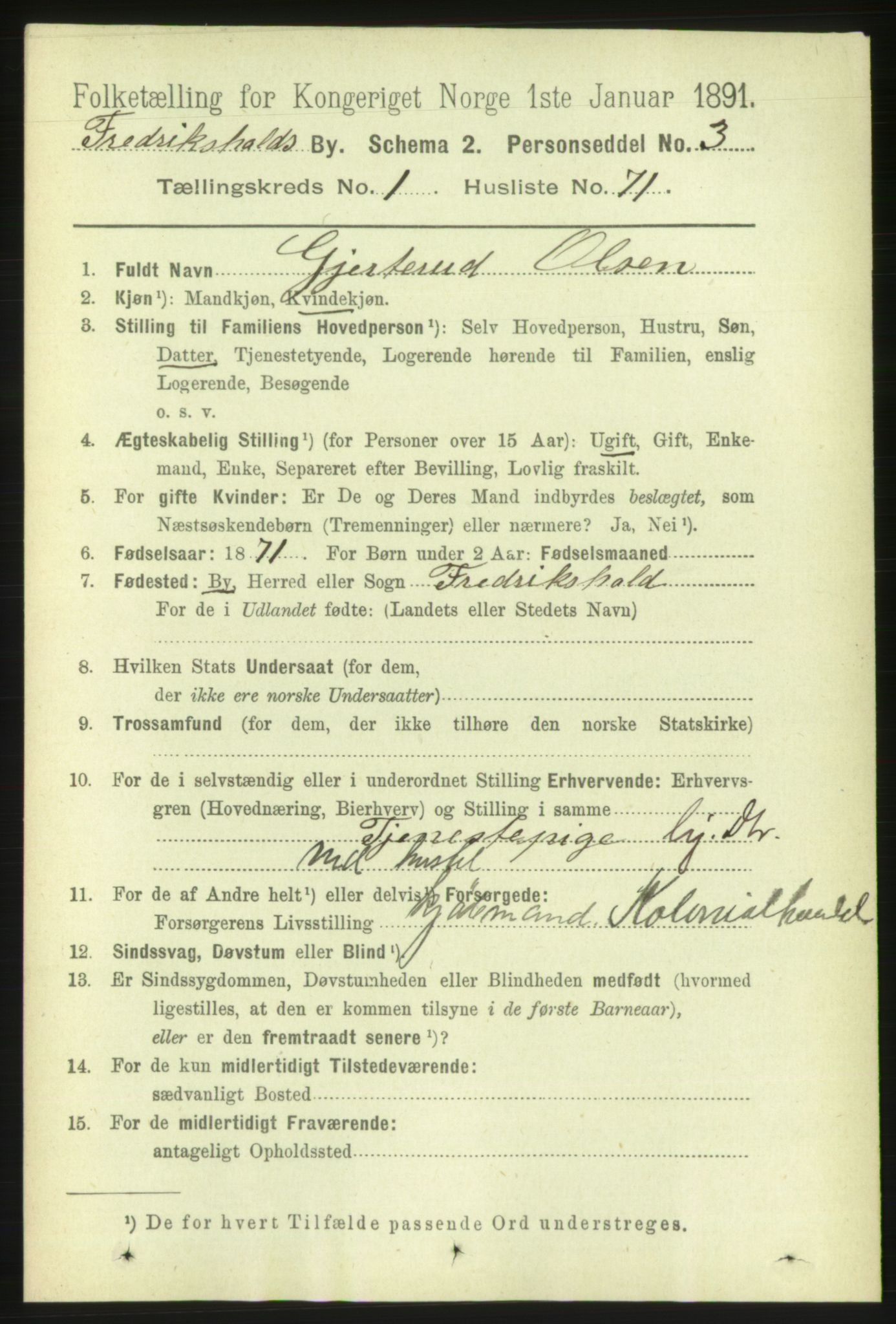 RA, 1891 census for 0101 Fredrikshald, 1891, p. 2632