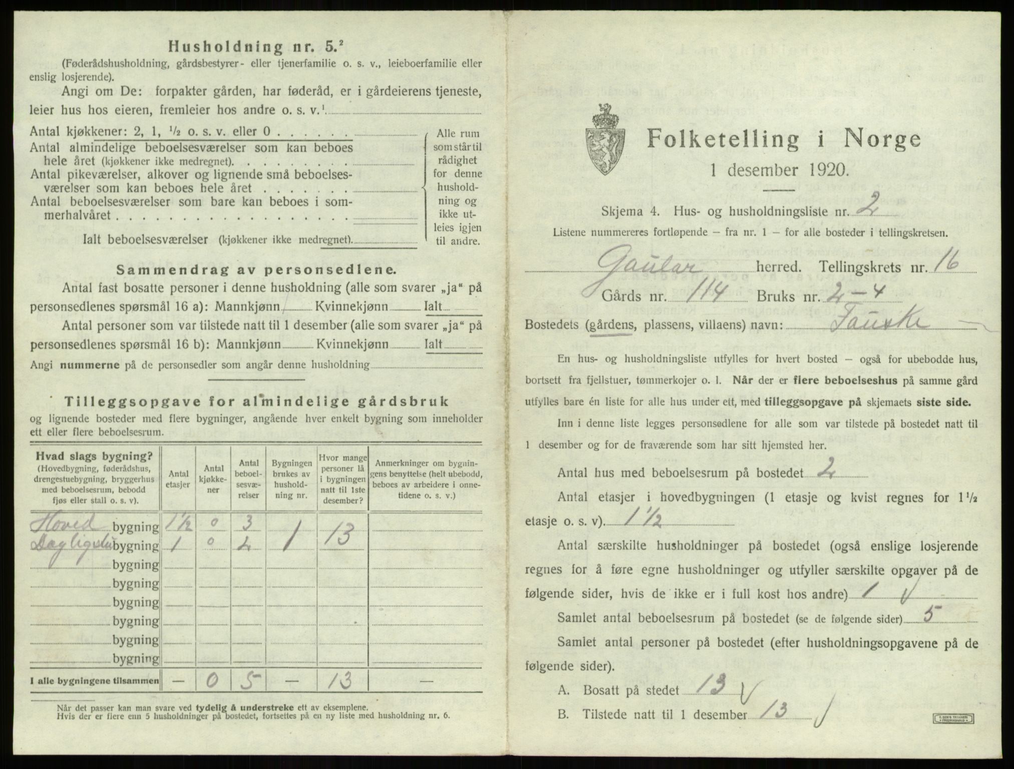 SAB, 1920 census for Gaular, 1920, p. 1107