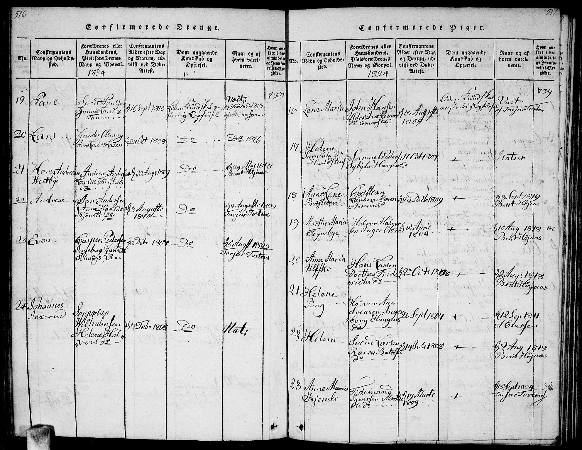 Vestby prestekontor Kirkebøker, SAO/A-10893/G/Ga/L0001: Parish register (copy) no. I 1, 1814-1827, p. 516-517