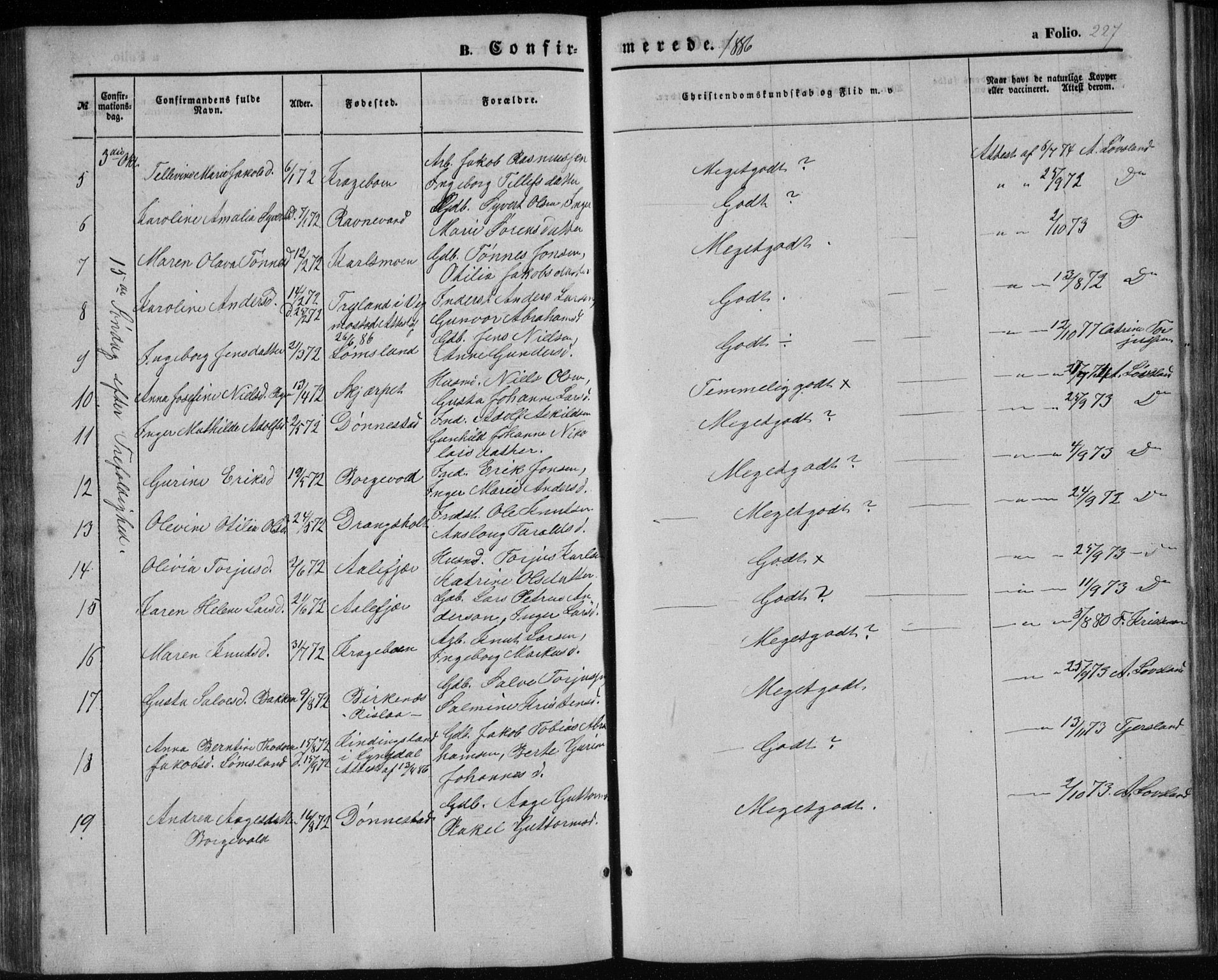 Tveit sokneprestkontor, AV/SAK-1111-0043/F/Fb/L0003: Parish register (copy) no. B 3, 1854-1886, p. 227