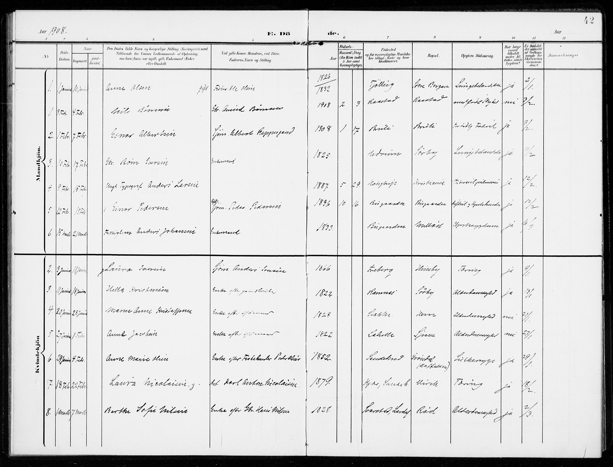 Sandar kirkebøker, SAKO/A-243/F/Fa/L0019: Parish register (official) no. 19, 1908-1914, p. 42