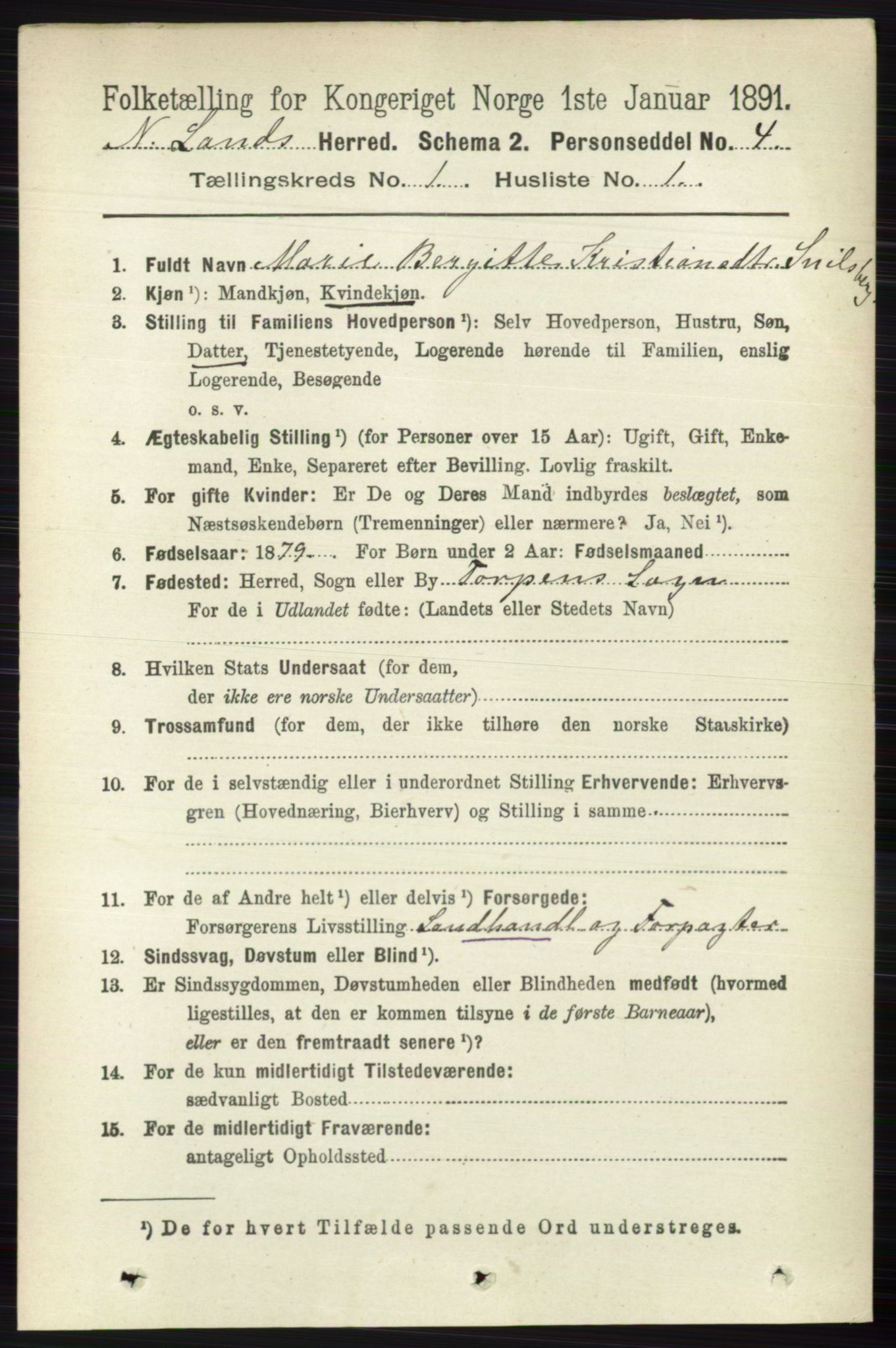 RA, 1891 census for 0538 Nordre Land, 1891, p. 123