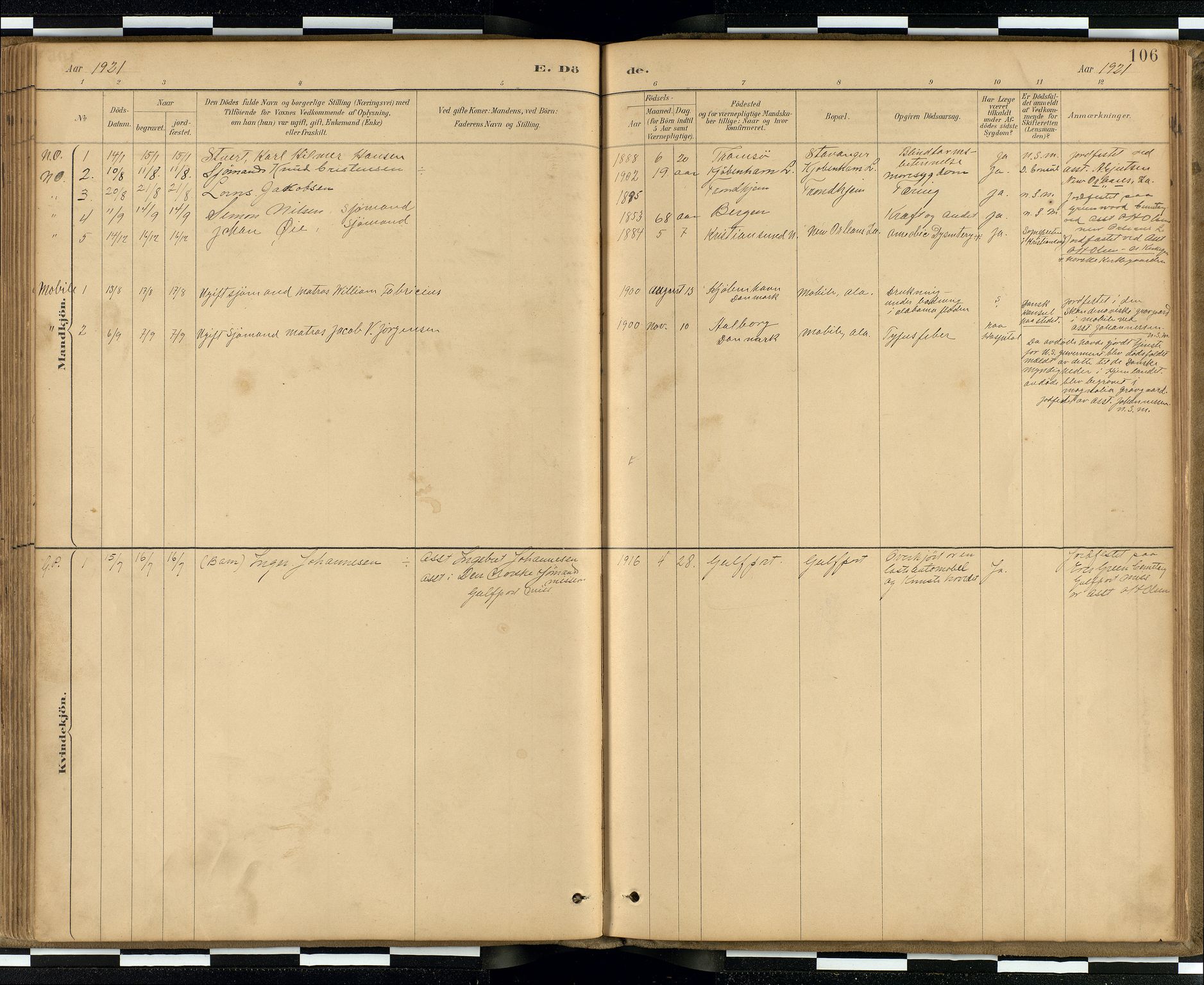 Den norske sjømannsmisjon i utlandet / Quebec (Canada) samt Pensacola--Savannah-Mobile-New Orleans-Gulfport (Gulfhamnene i USA), SAB/SAB/PA-0114/H/Ha/L0001: Parish register (official) no. A 1, 1887-1924, p. 105b-106a