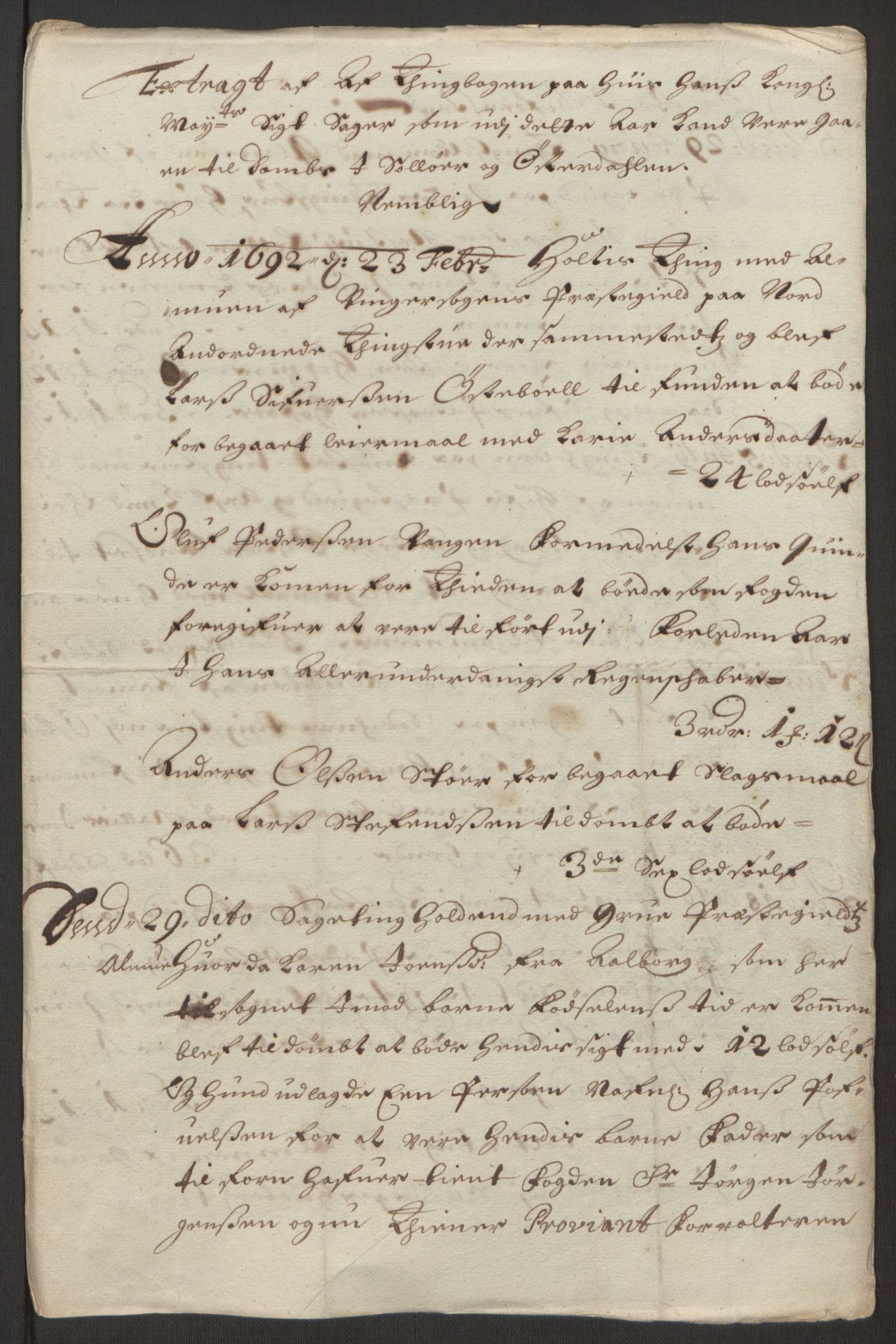 Rentekammeret inntil 1814, Reviderte regnskaper, Fogderegnskap, AV/RA-EA-4092/R13/L0830: Fogderegnskap Solør, Odal og Østerdal, 1692, p. 185