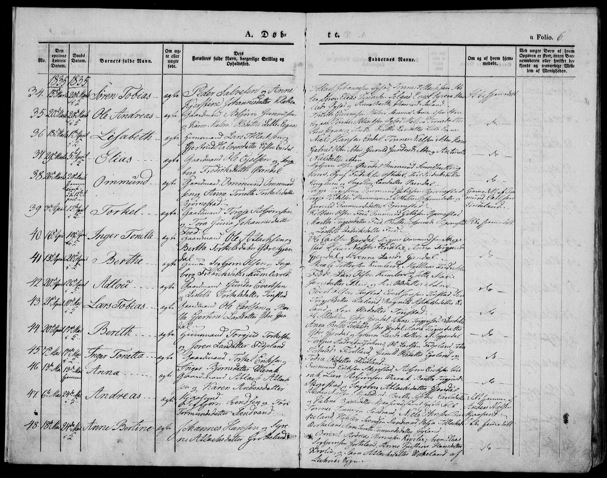 Bakke sokneprestkontor, AV/SAK-1111-0002/F/Fa/Faa/L0004: Parish register (official) no. A 4, 1834-1846, p. 6