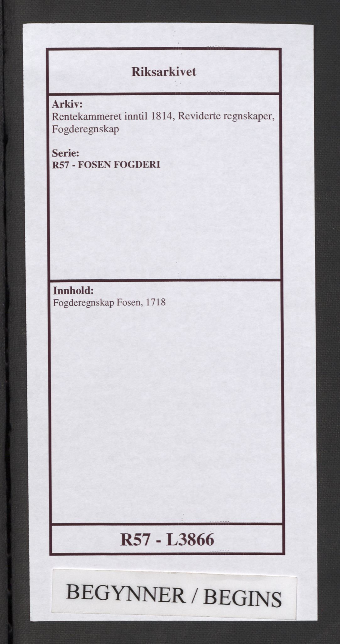 Rentekammeret inntil 1814, Reviderte regnskaper, Fogderegnskap, AV/RA-EA-4092/R57/L3866: Fogderegnskap Fosen, 1718, p. 1