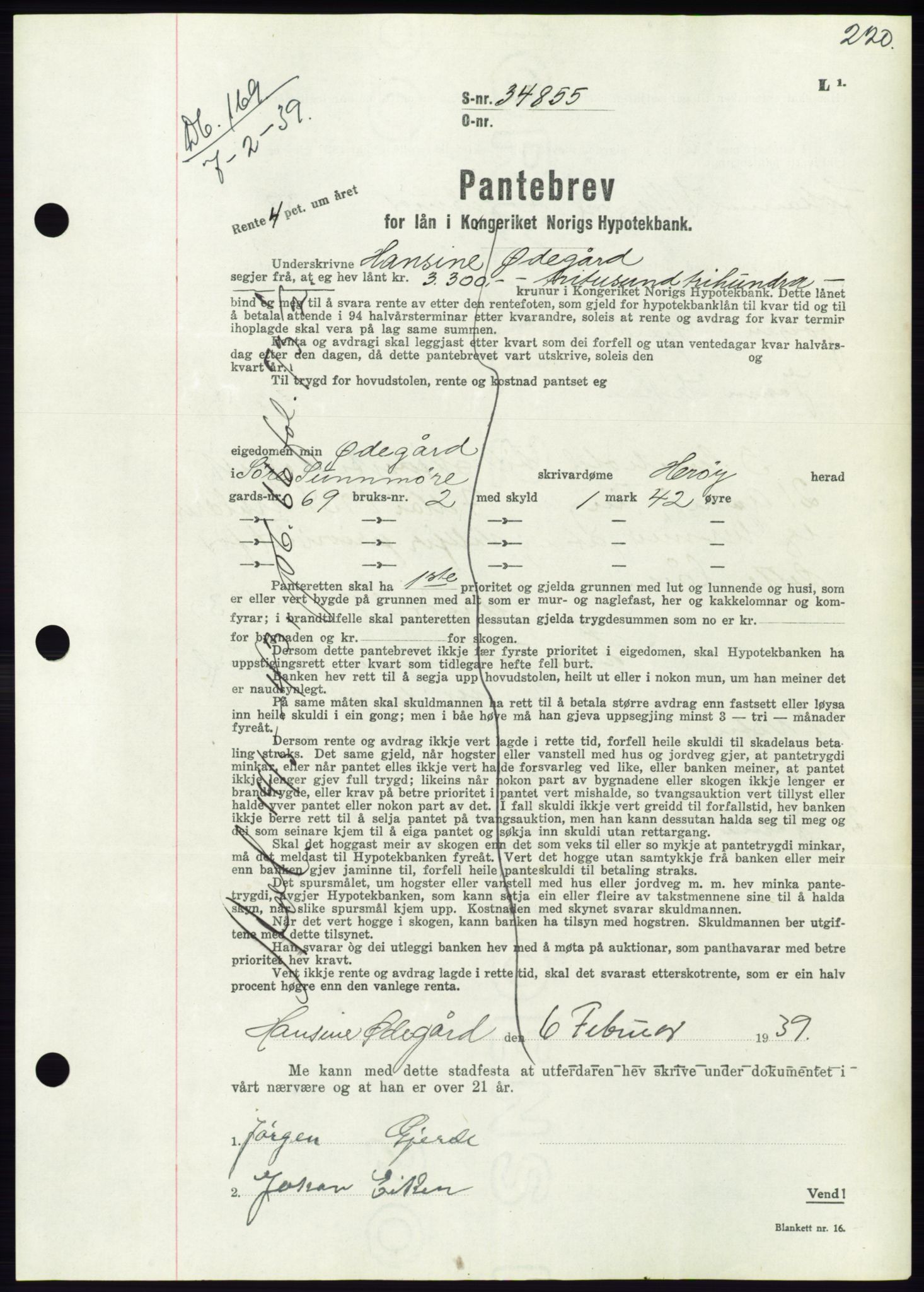 Søre Sunnmøre sorenskriveri, AV/SAT-A-4122/1/2/2C/L0067: Mortgage book no. 61, 1938-1939, Diary no: : 169/1939