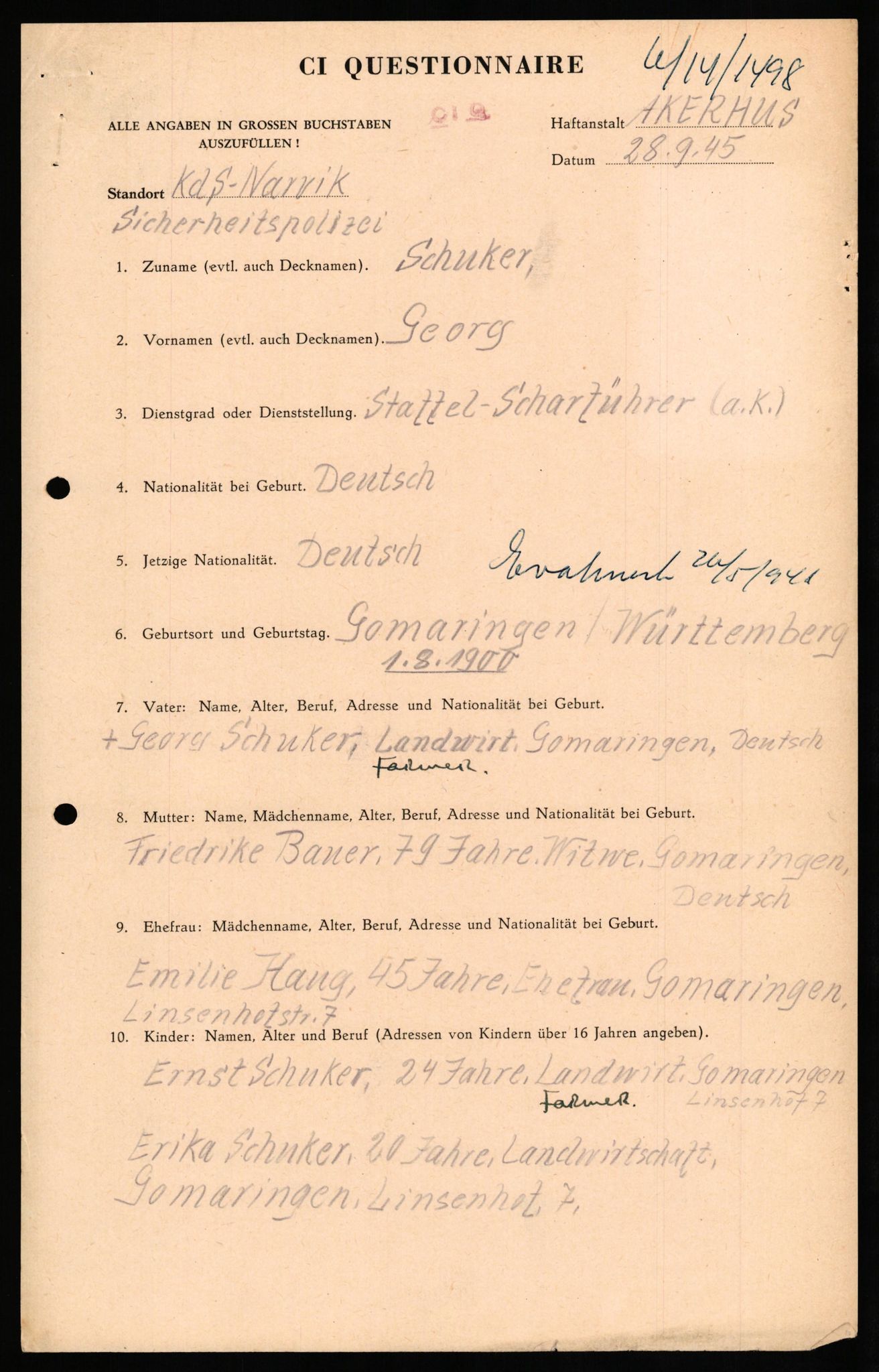 Forsvaret, Forsvarets overkommando II, AV/RA-RAFA-3915/D/Db/L0030: CI Questionaires. Tyske okkupasjonsstyrker i Norge. Tyskere., 1945-1946, p. 336