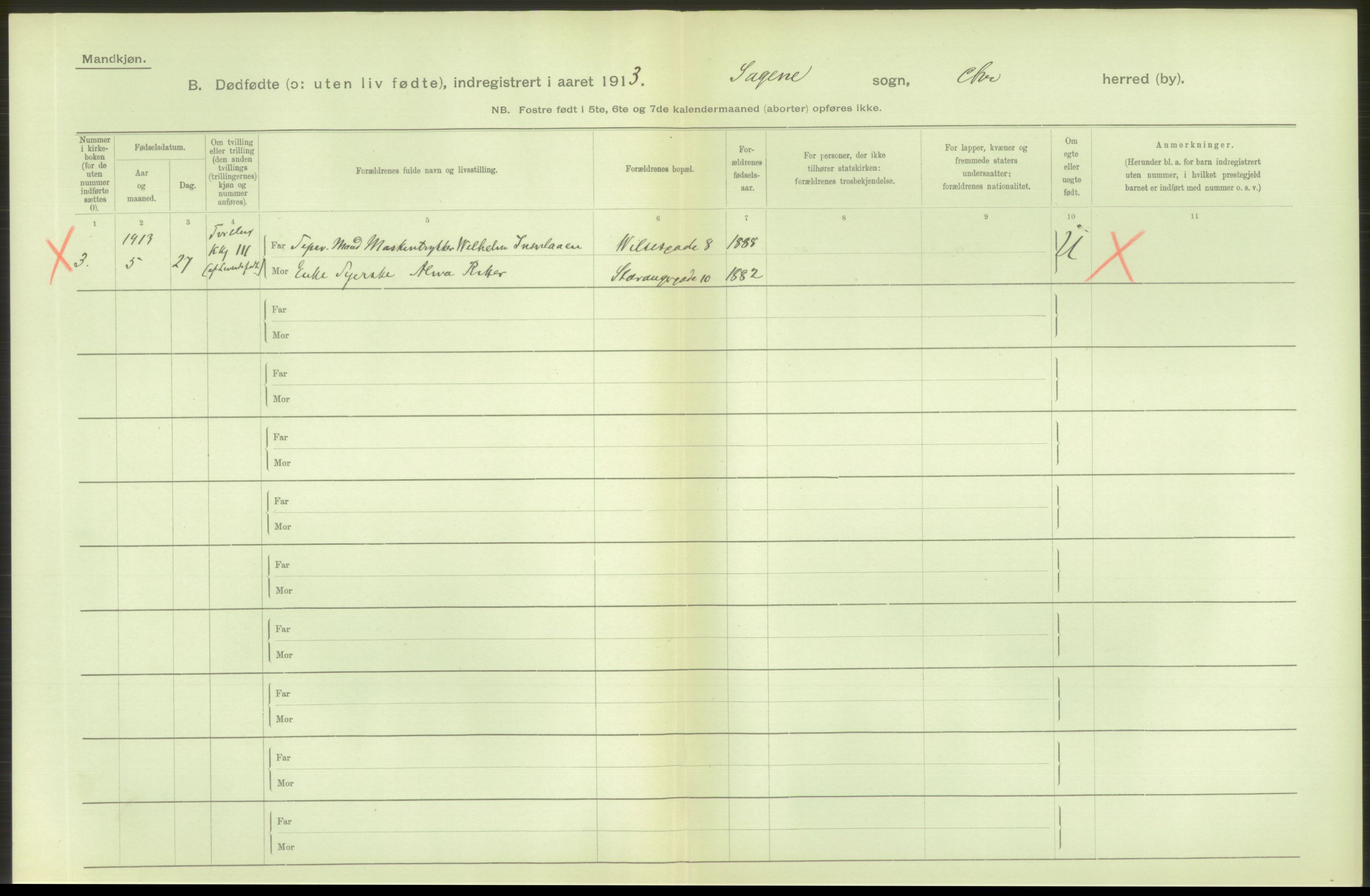 Statistisk sentralbyrå, Sosiodemografiske emner, Befolkning, RA/S-2228/D/Df/Dfb/Dfbc/L0010: Kristiania: Døde, dødfødte., 1913, p. 114