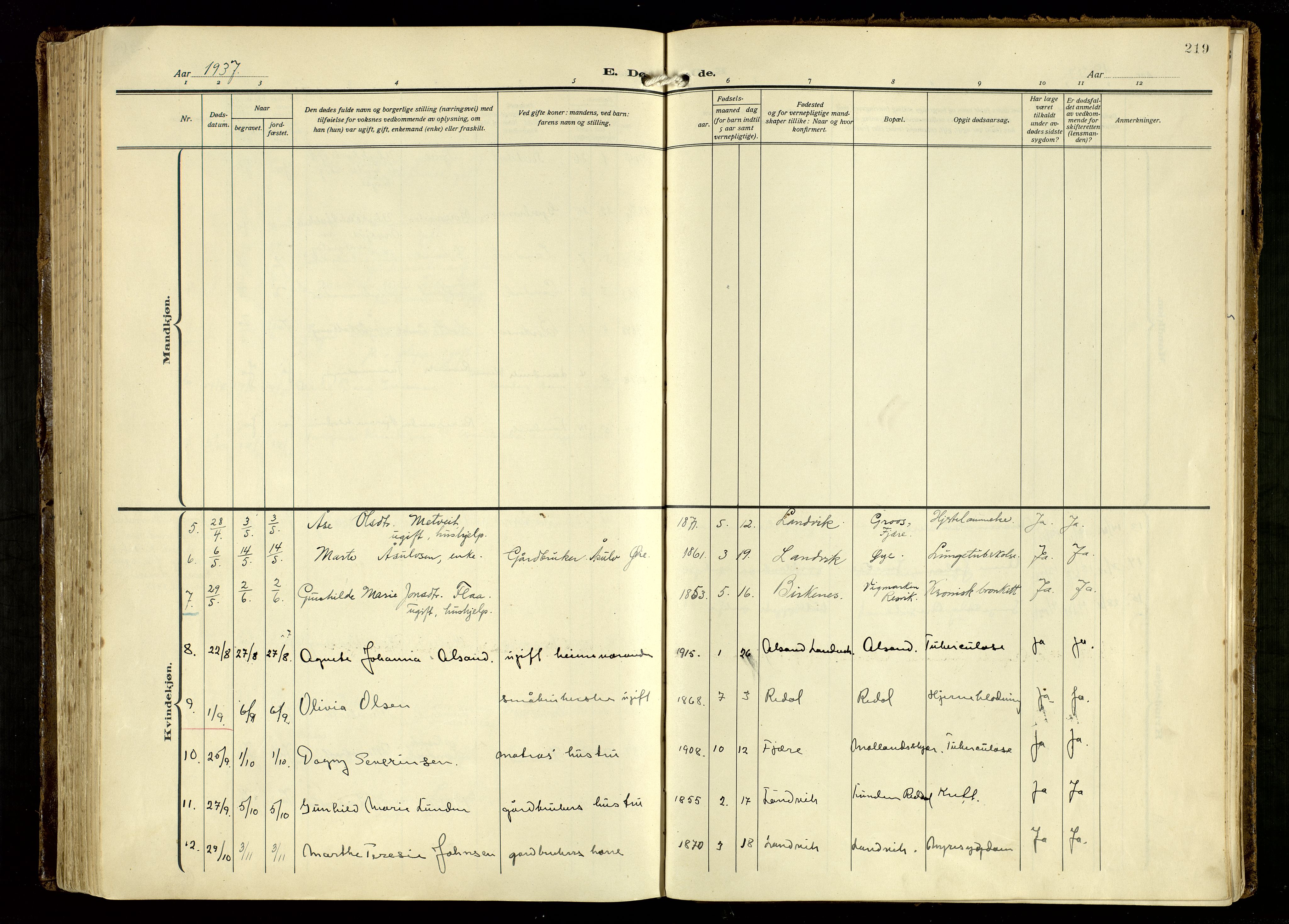 Hommedal sokneprestkontor, AV/SAK-1111-0023/F/Fa/Fab/L0008: Parish register (official) no. A 8, 1925-1956, p. 219