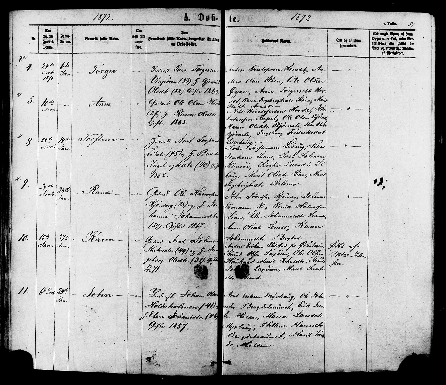 Ministerialprotokoller, klokkerbøker og fødselsregistre - Sør-Trøndelag, SAT/A-1456/630/L0495: Parish register (official) no. 630A08, 1868-1878, p. 57