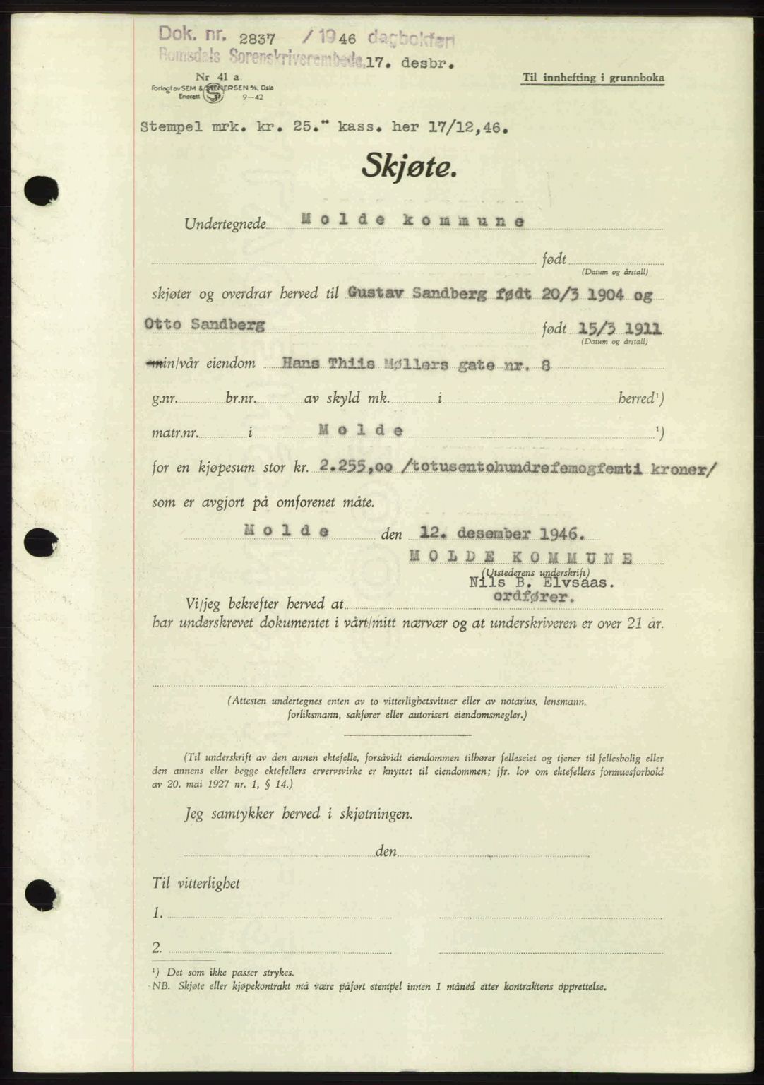 Romsdal sorenskriveri, AV/SAT-A-4149/1/2/2C: Mortgage book no. A21, 1946-1946, Diary no: : 2837/1946