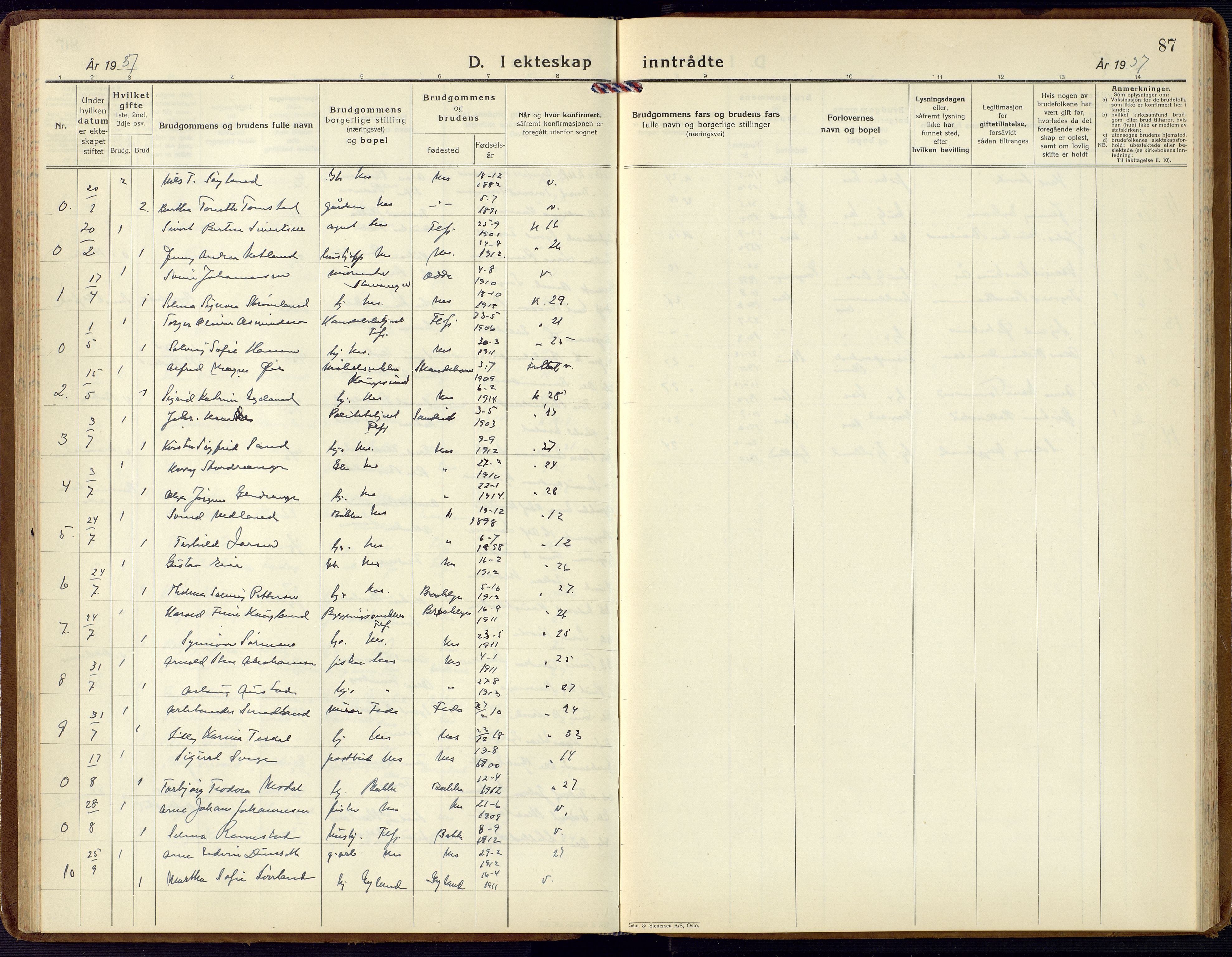 Flekkefjord sokneprestkontor, AV/SAK-1111-0012/F/Fb/Fbc/L0009: Parish register (copy) no. B 9, 1932-1965, p. 87