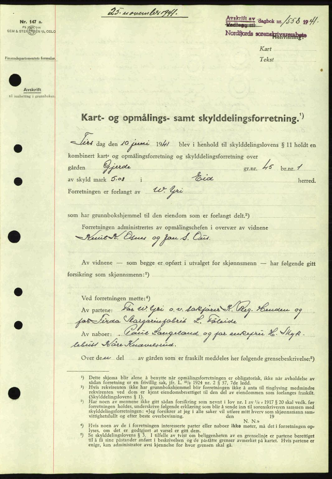 Nordfjord sorenskriveri, AV/SAB-A-2801/02/02b/02bj/L0007: Mortgage book no. A7, 1941-1943, Diary no: : 1558/1941