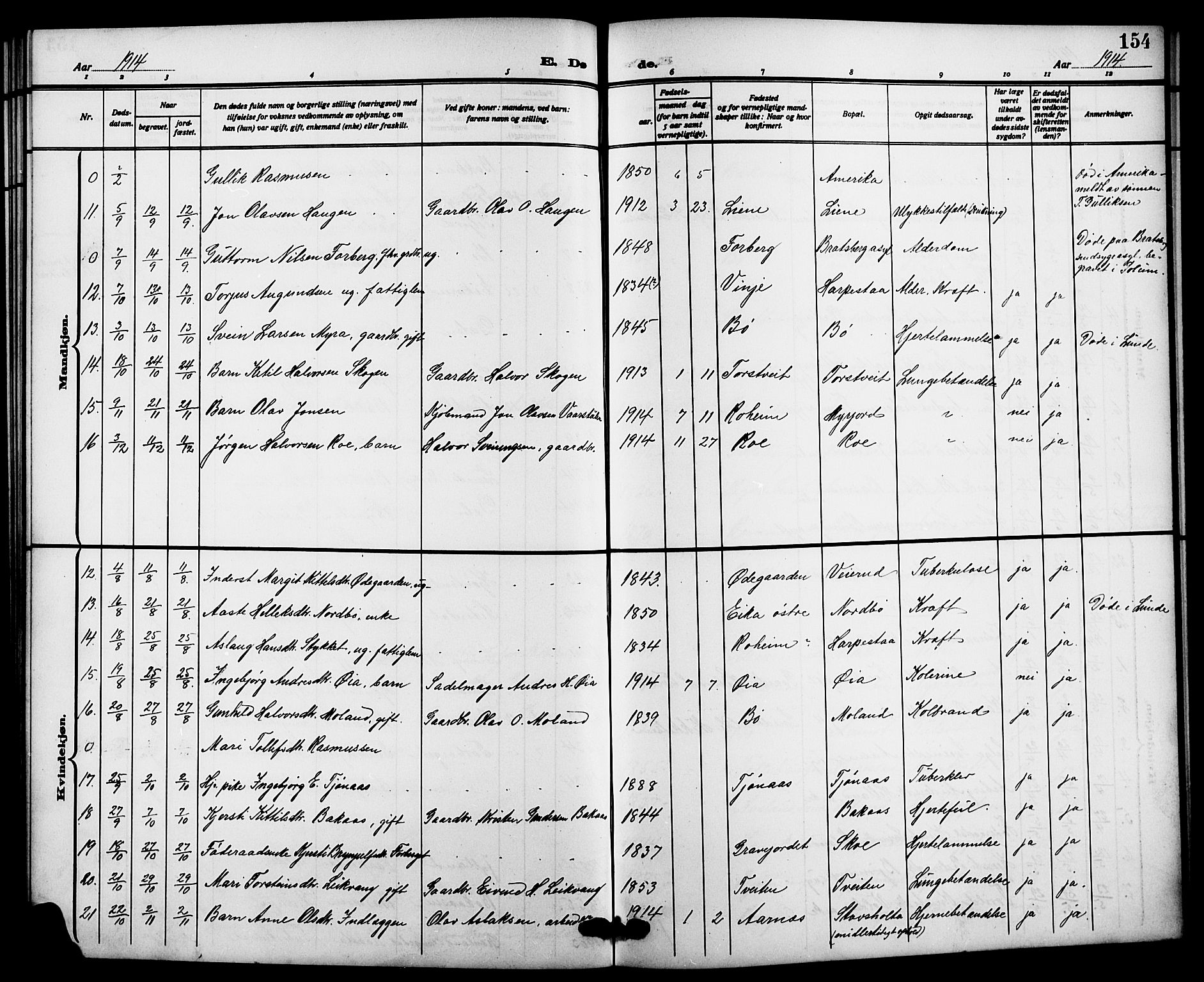 Bø kirkebøker, SAKO/A-257/G/Ga/L0007: Parish register (copy) no. 7, 1909-1924, p. 154