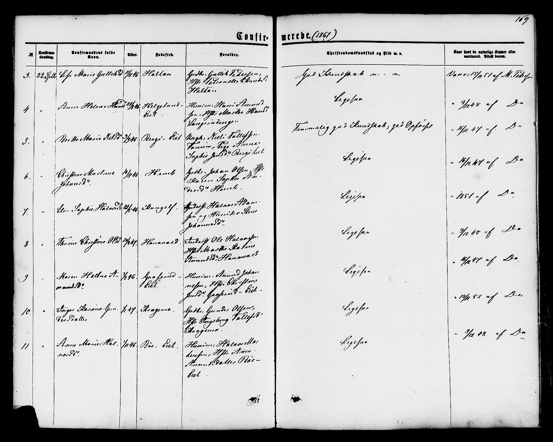 Lardal kirkebøker, AV/SAKO-A-350/F/Fa/L0007: Parish register (official) no. I 7, 1861-1880, p. 169