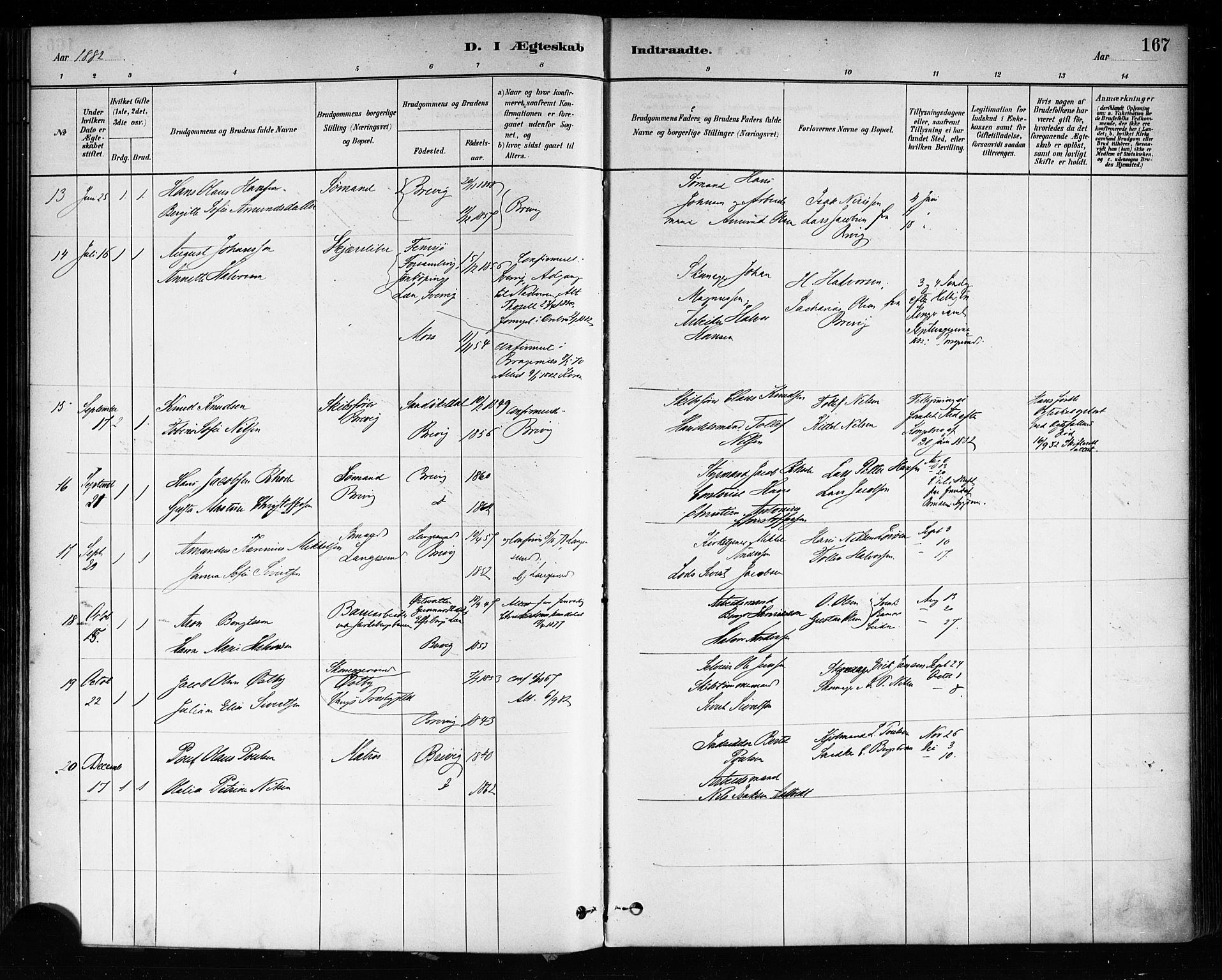 Brevik kirkebøker, SAKO/A-255/F/Fa/L0007: Parish register (official) no. 7, 1882-1900, p. 167