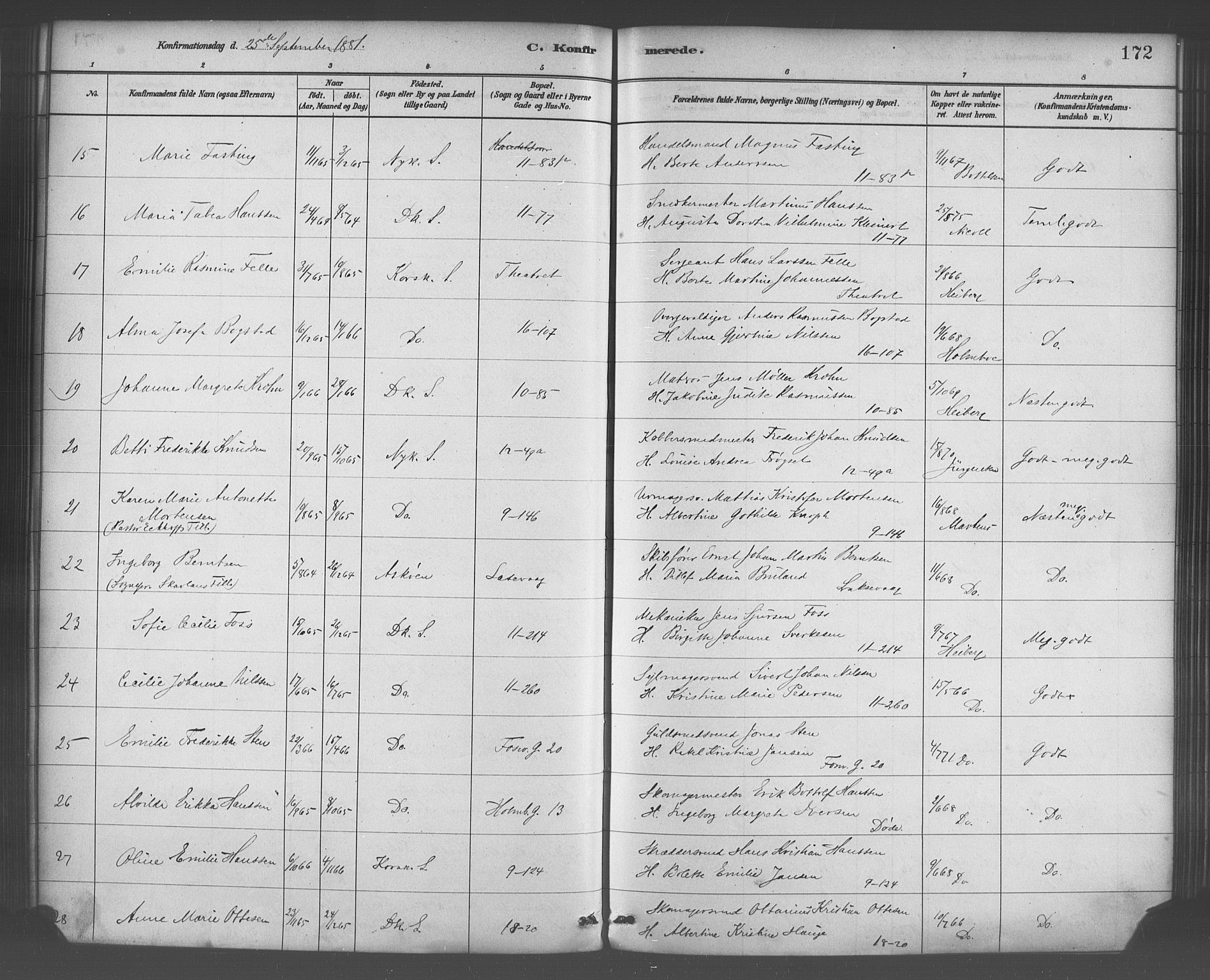 Domkirken sokneprestembete, SAB/A-74801/H/Haa/L0030: Parish register (official) no. C 5, 1880-1898, p. 172