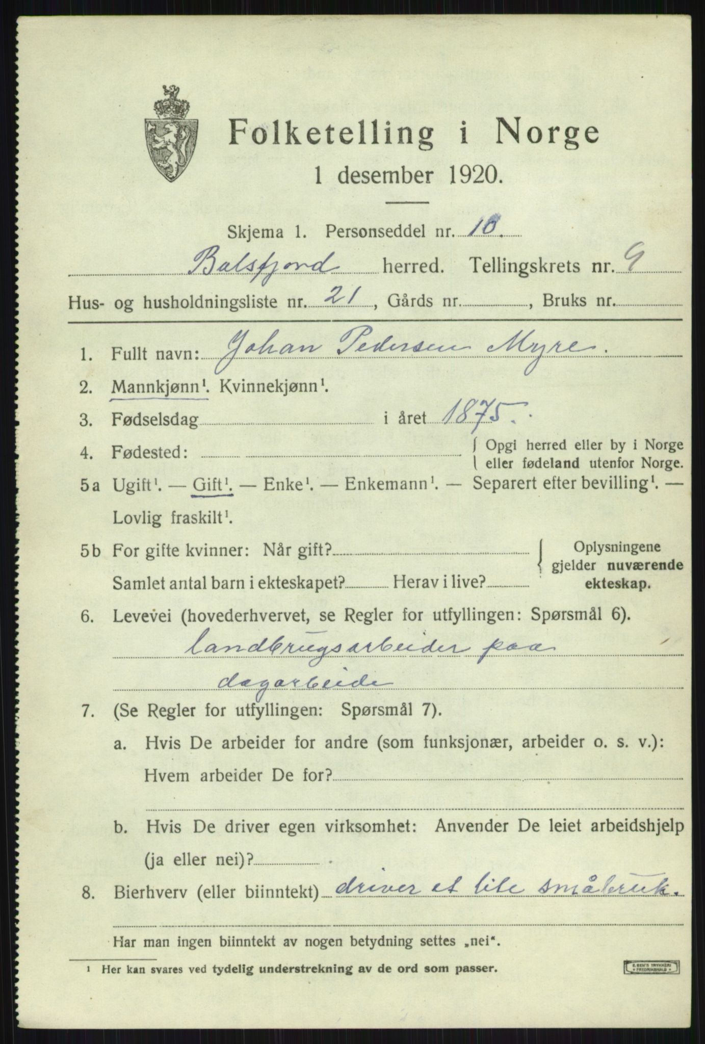 SATØ, 1920 census for Balsfjord, 1920, p. 5268