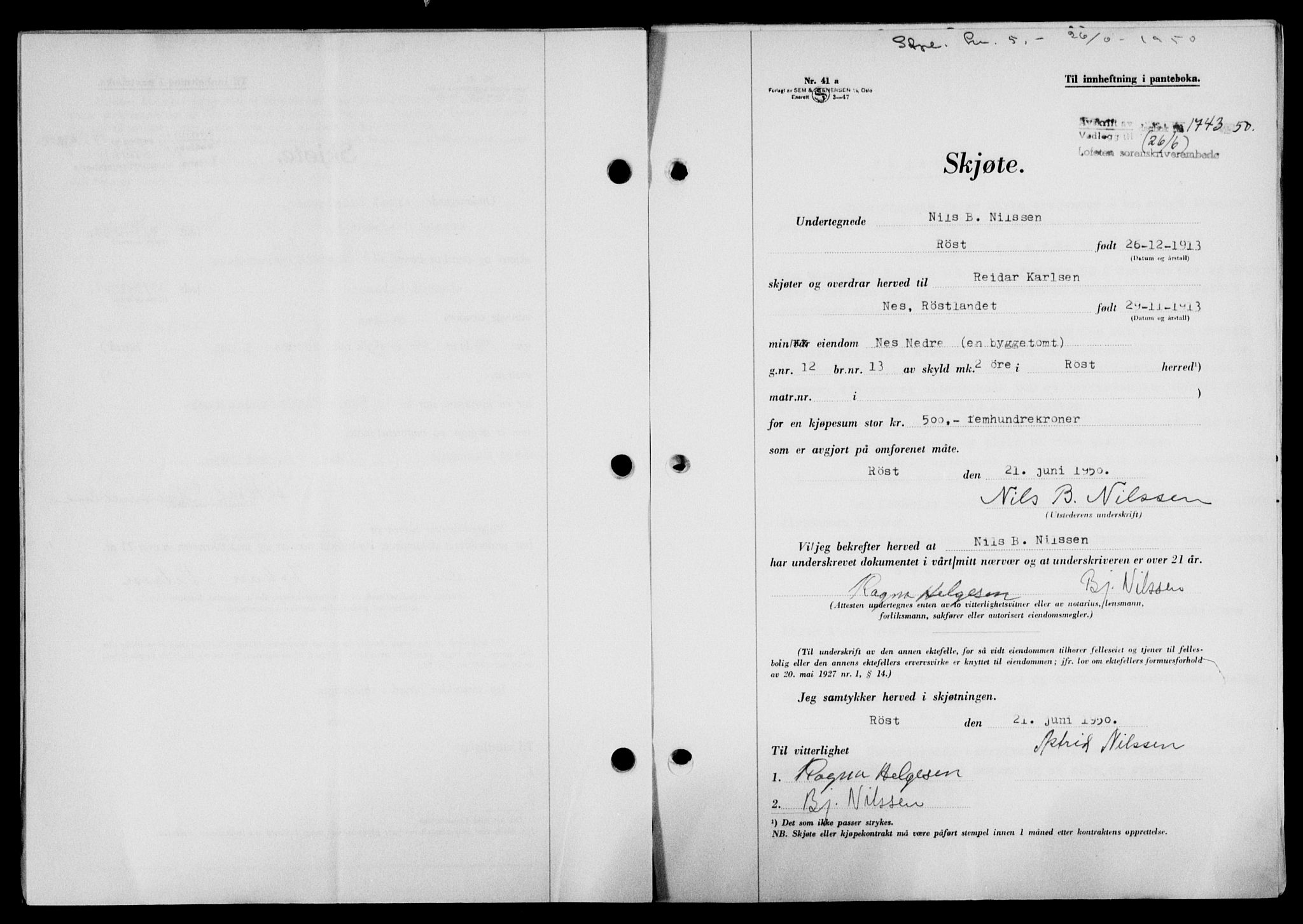 Lofoten sorenskriveri, SAT/A-0017/1/2/2C/L0023a: Mortgage book no. 23a, 1950-1950, Diary no: : 1743/1950