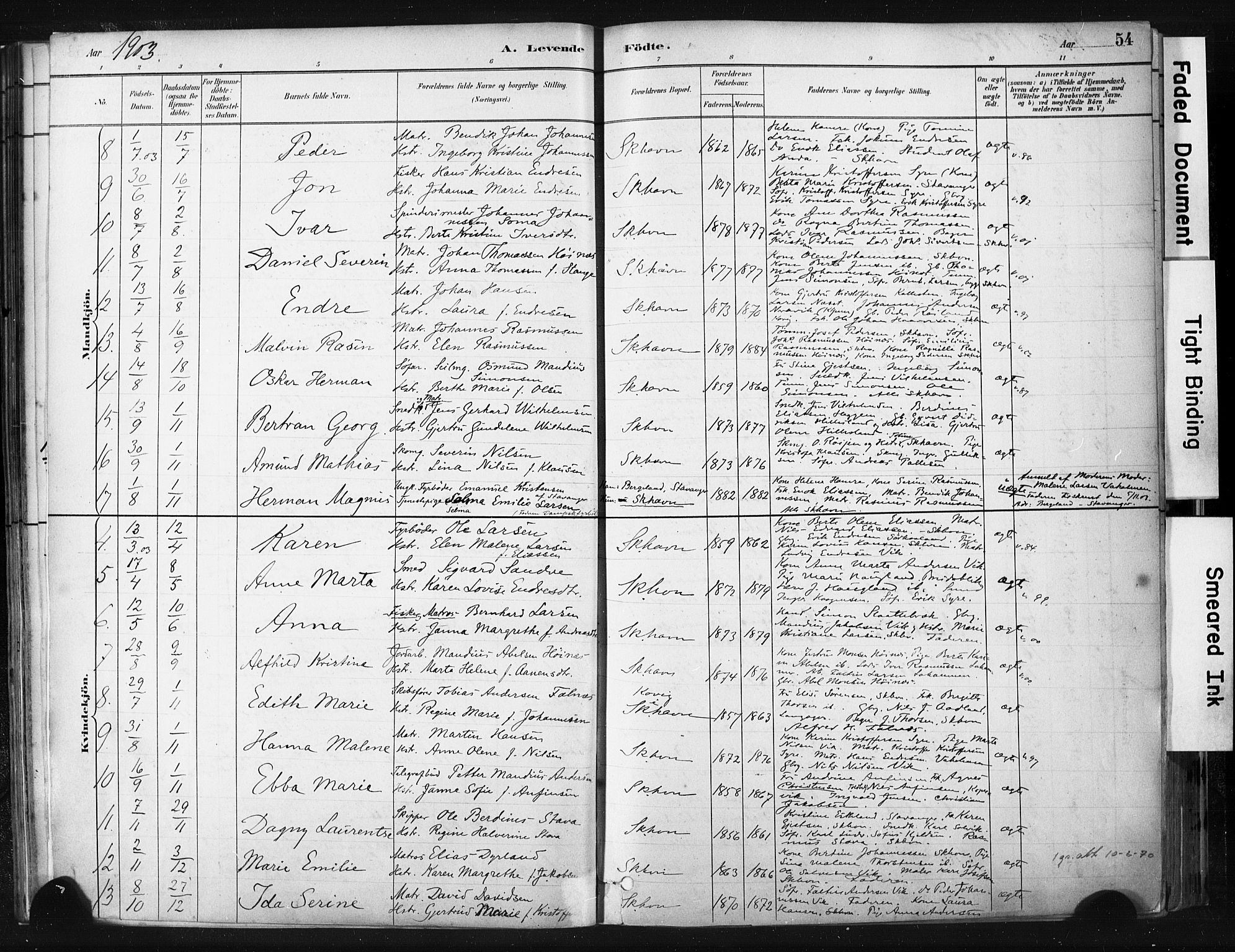 Skudenes sokneprestkontor, SAST/A -101849/H/Ha/Haa/L0008: Parish register (official) no. A 5, 1882-1912, p. 54