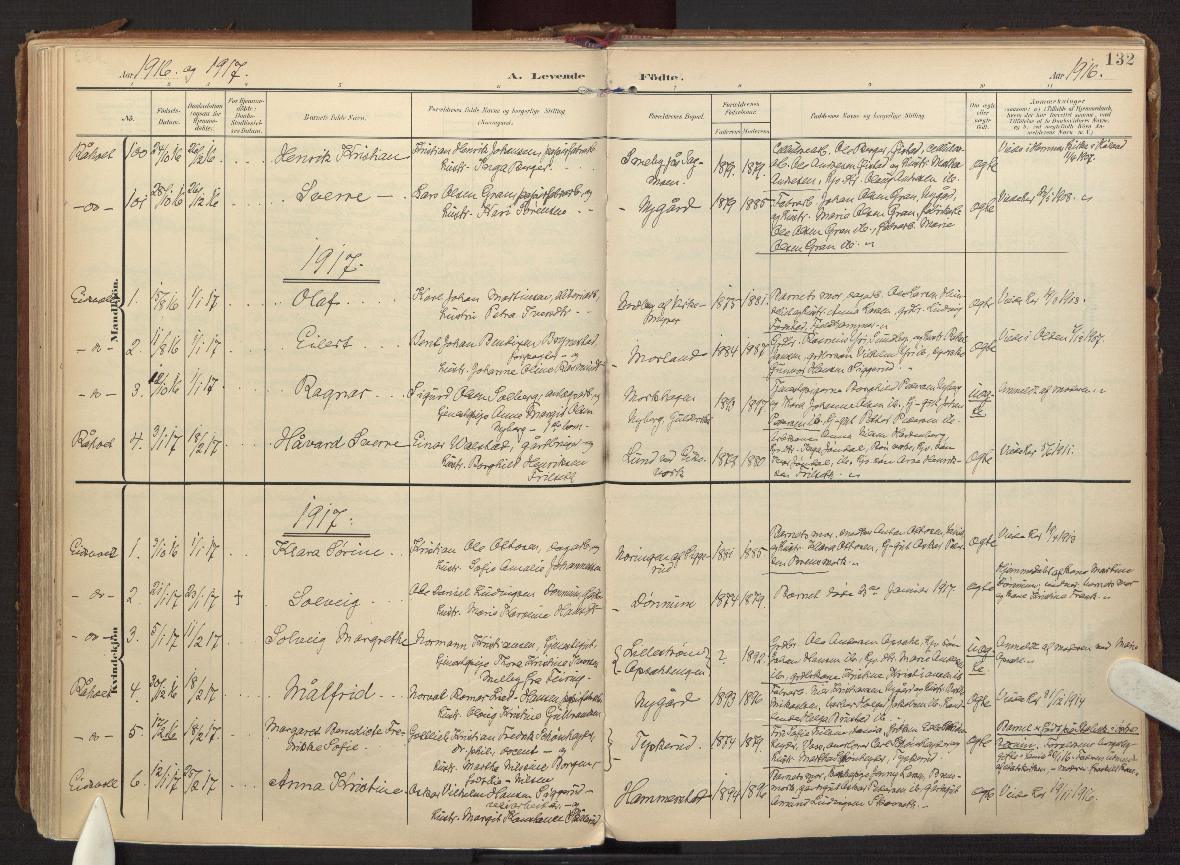 Eidsvoll prestekontor Kirkebøker, AV/SAO-A-10888/F/Fa/L0008: Parish register (official) no. I 8, 1908-1920, p. 132