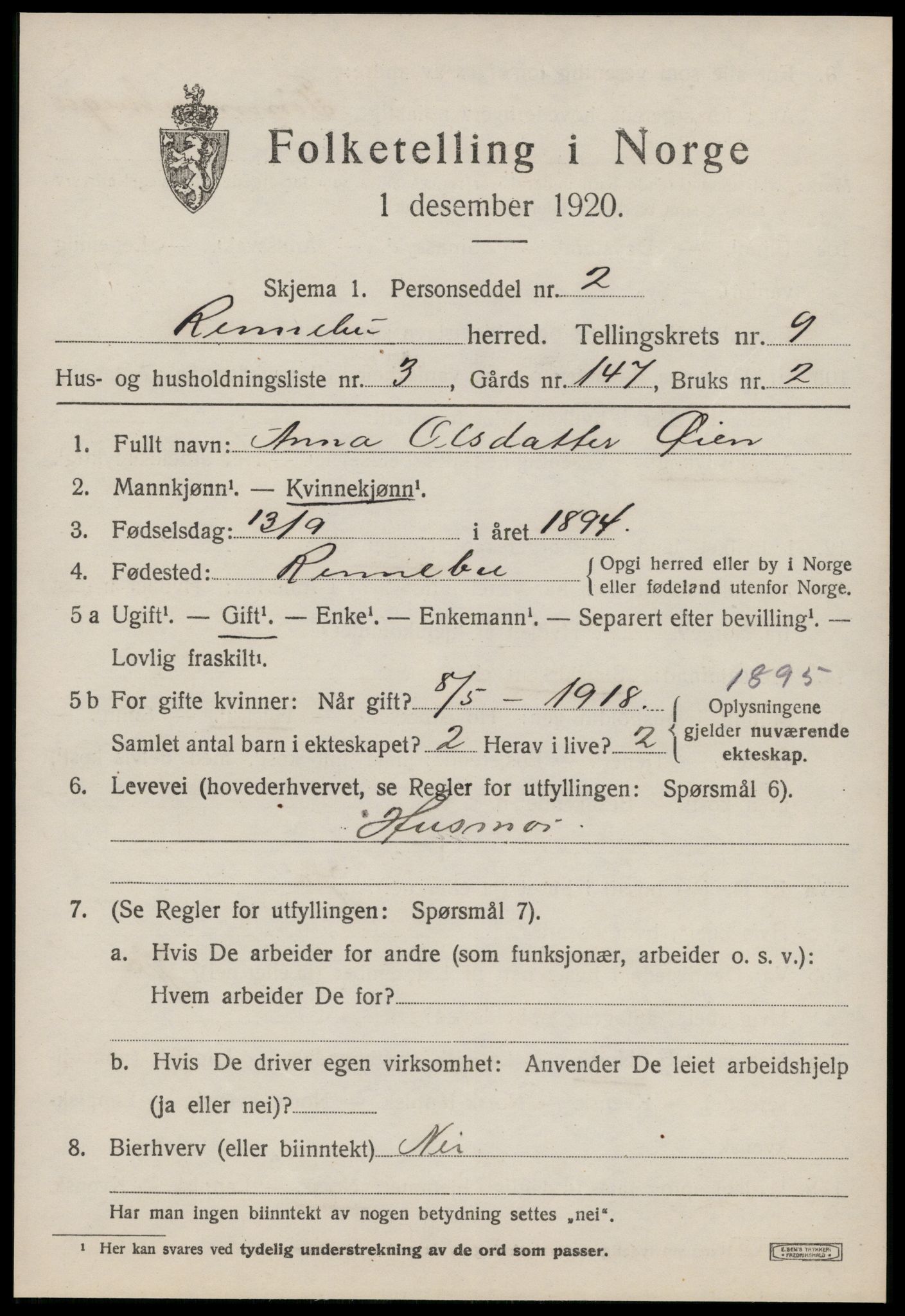 SAT, 1920 census for Rennebu, 1920, p. 5840