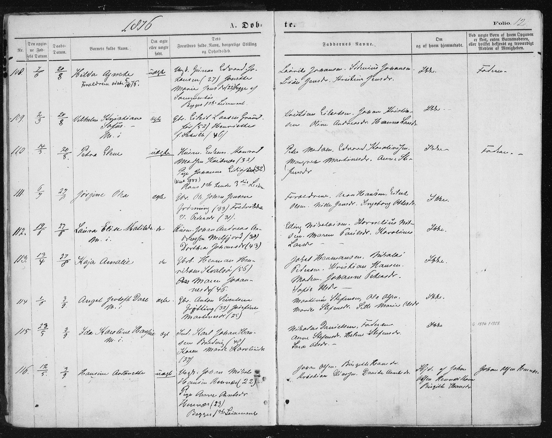 Ministerialprotokoller, klokkerbøker og fødselsregistre - Nordland, AV/SAT-A-1459/888/L1243: Parish register (official) no. 888A09, 1876-1879, p. 12