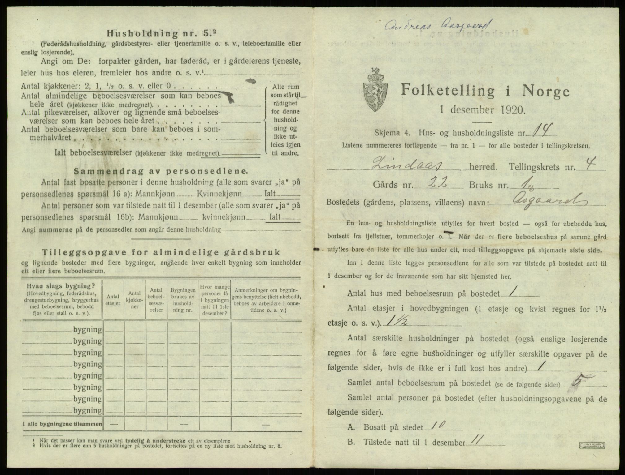 SAB, 1920 census for Lindås, 1920, p. 282