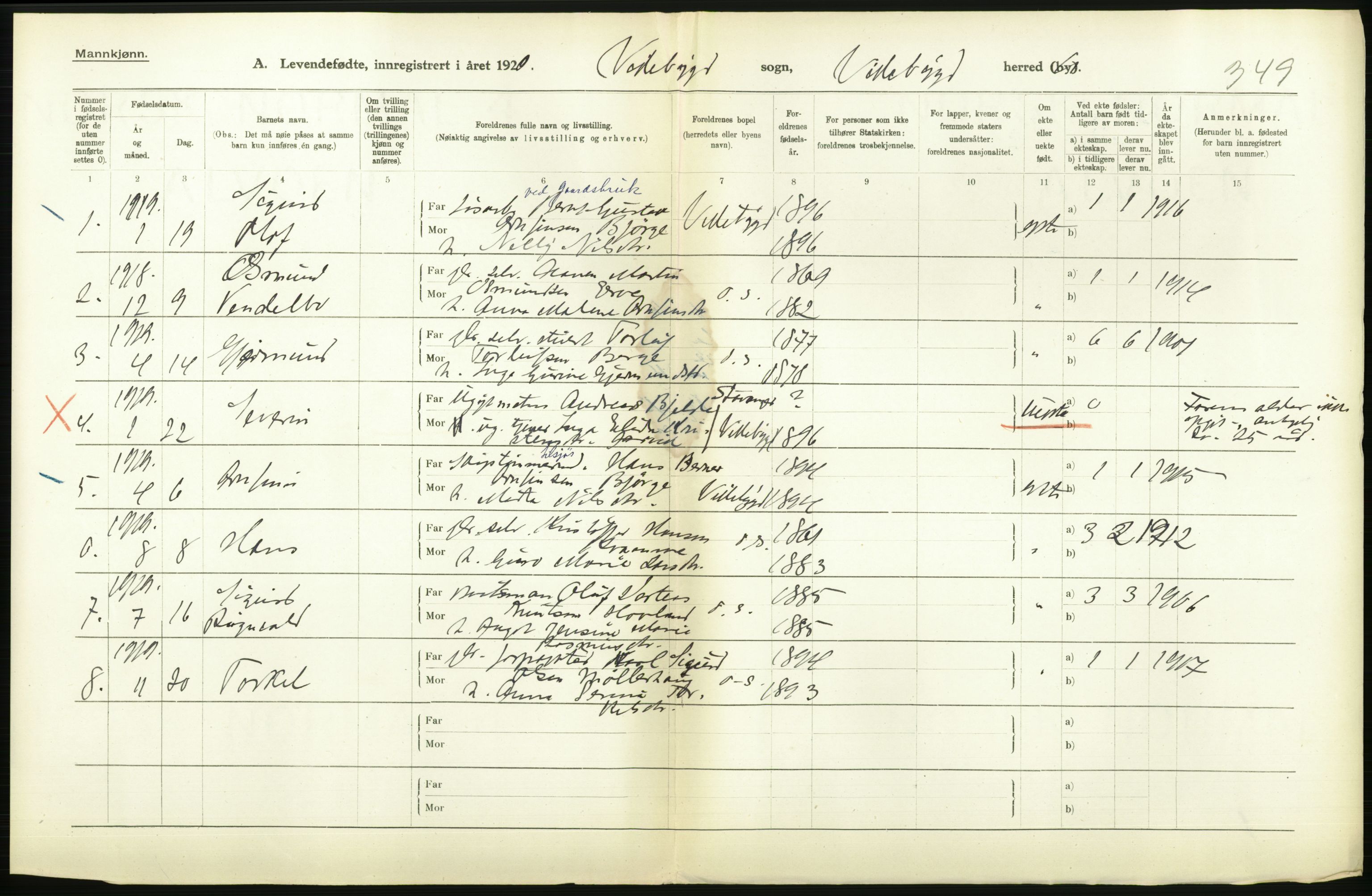 Statistisk sentralbyrå, Sosiodemografiske emner, Befolkning, RA/S-2228/D/Df/Dfb/Dfbi/L0031: Hordaland fylke: Levendefødte menn og kvinner. Bygder., 1919, p. 592