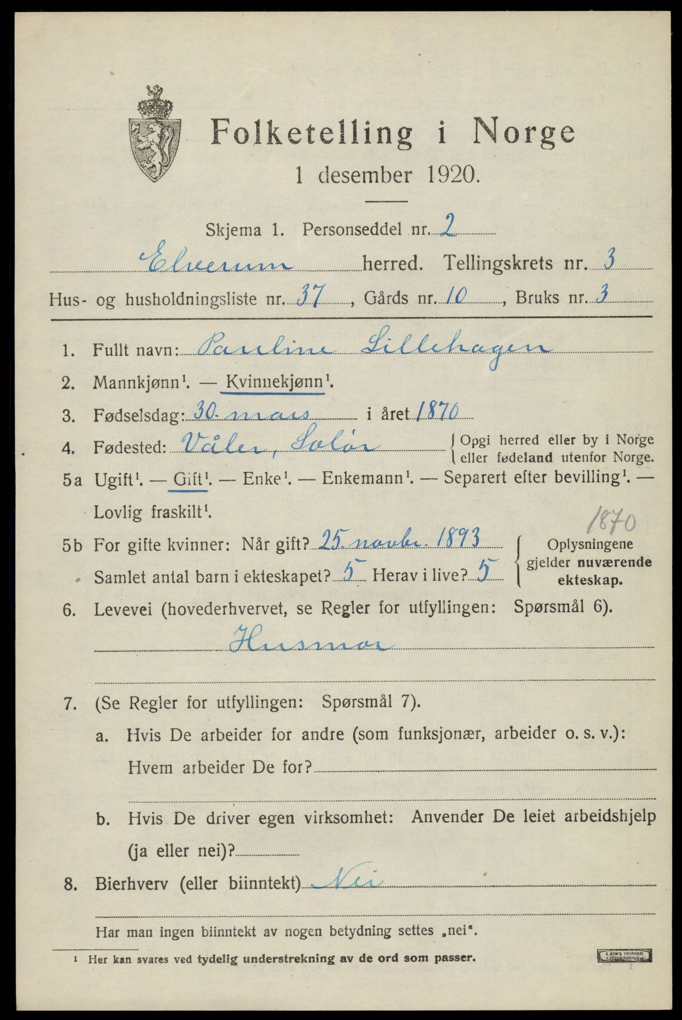 SAH, 1920 census for Elverum, 1920, p. 6418