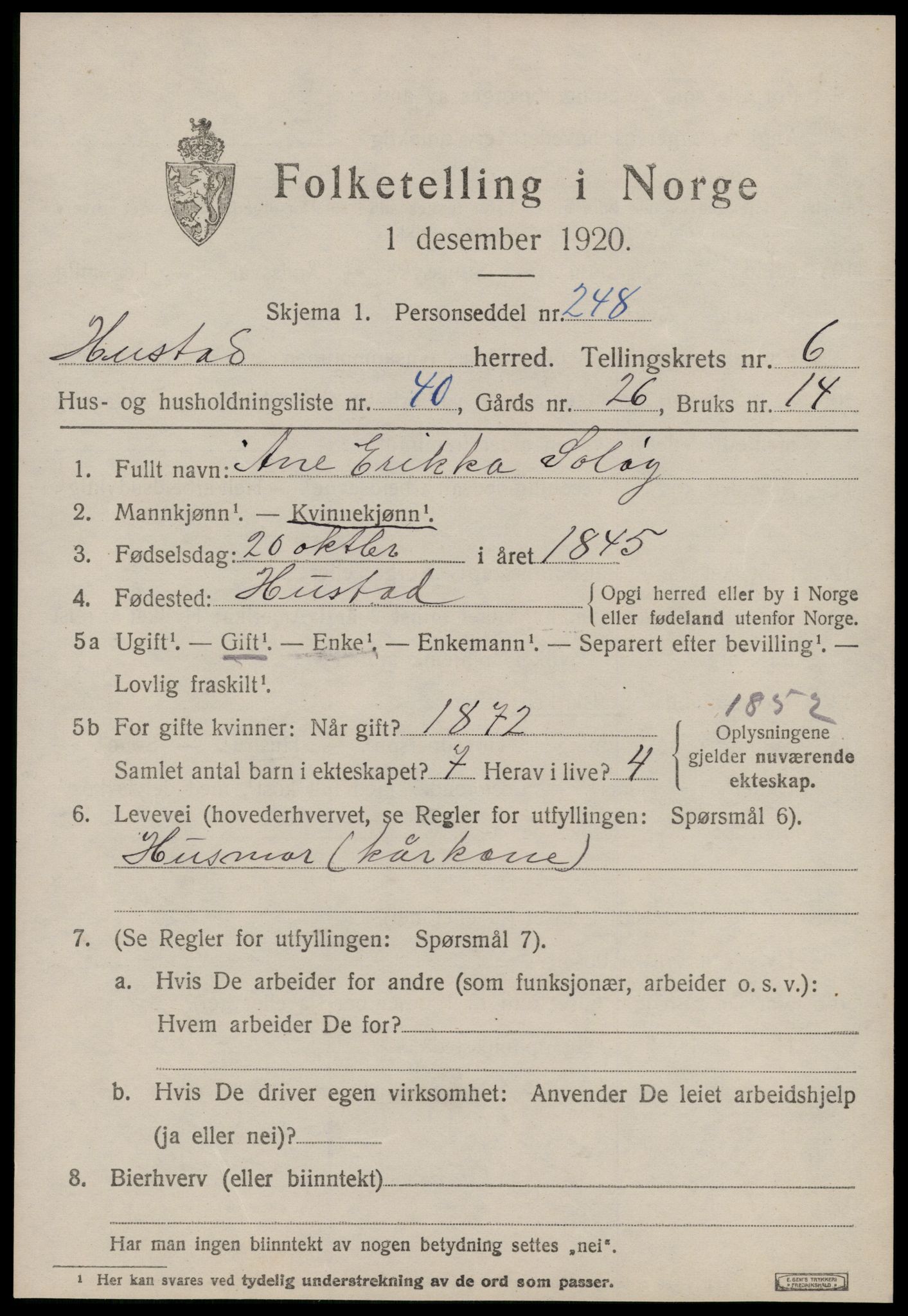 SAT, 1920 census for Hustad, 1920, p. 4661