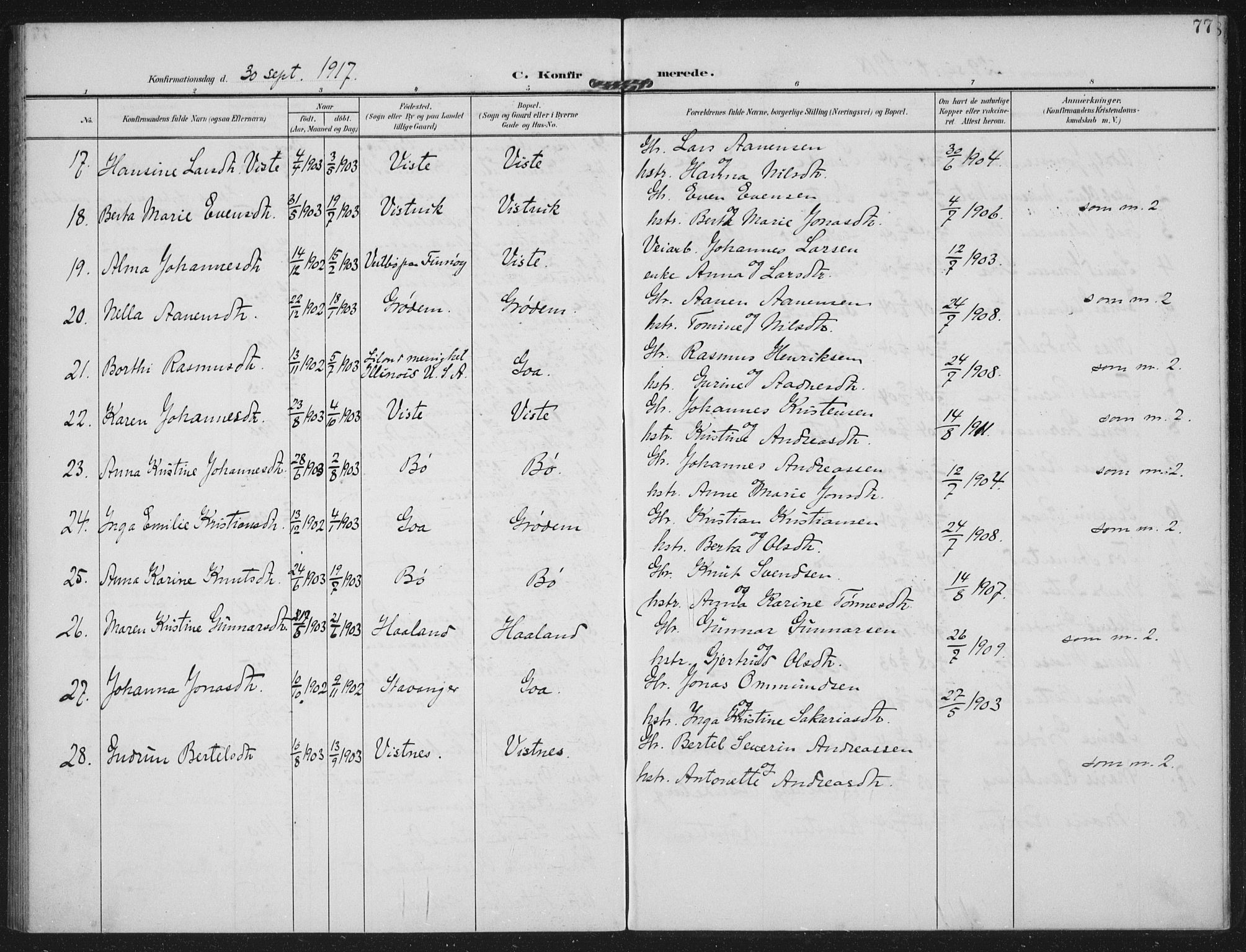 Hetland sokneprestkontor, AV/SAST-A-101826/30/30BA: Parish register (official) no. A 14, 1905-1919, p. 77