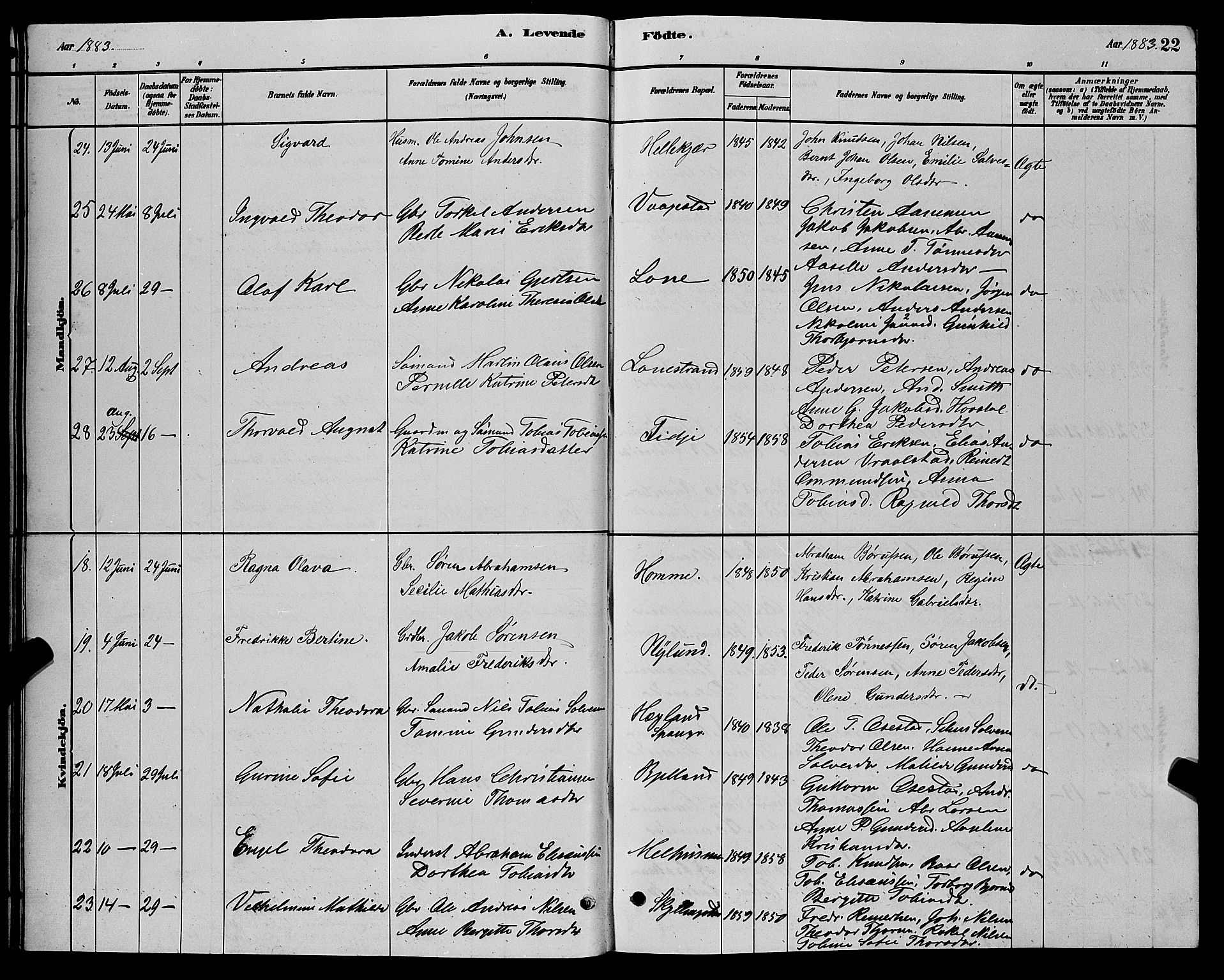 Sør-Audnedal sokneprestkontor, AV/SAK-1111-0039/F/Fb/Fbb/L0005: Parish register (copy) no. B 5, 1880-1892, p. 22