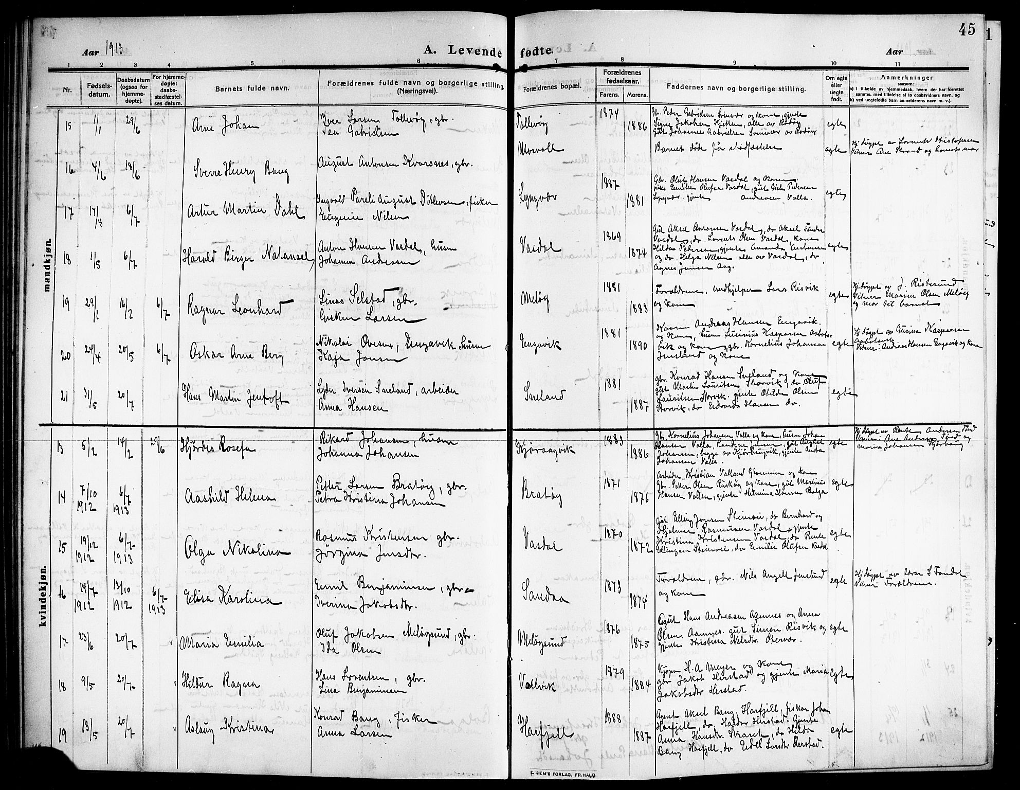 Ministerialprotokoller, klokkerbøker og fødselsregistre - Nordland, AV/SAT-A-1459/843/L0639: Parish register (copy) no. 843C08, 1908-1924, p. 45