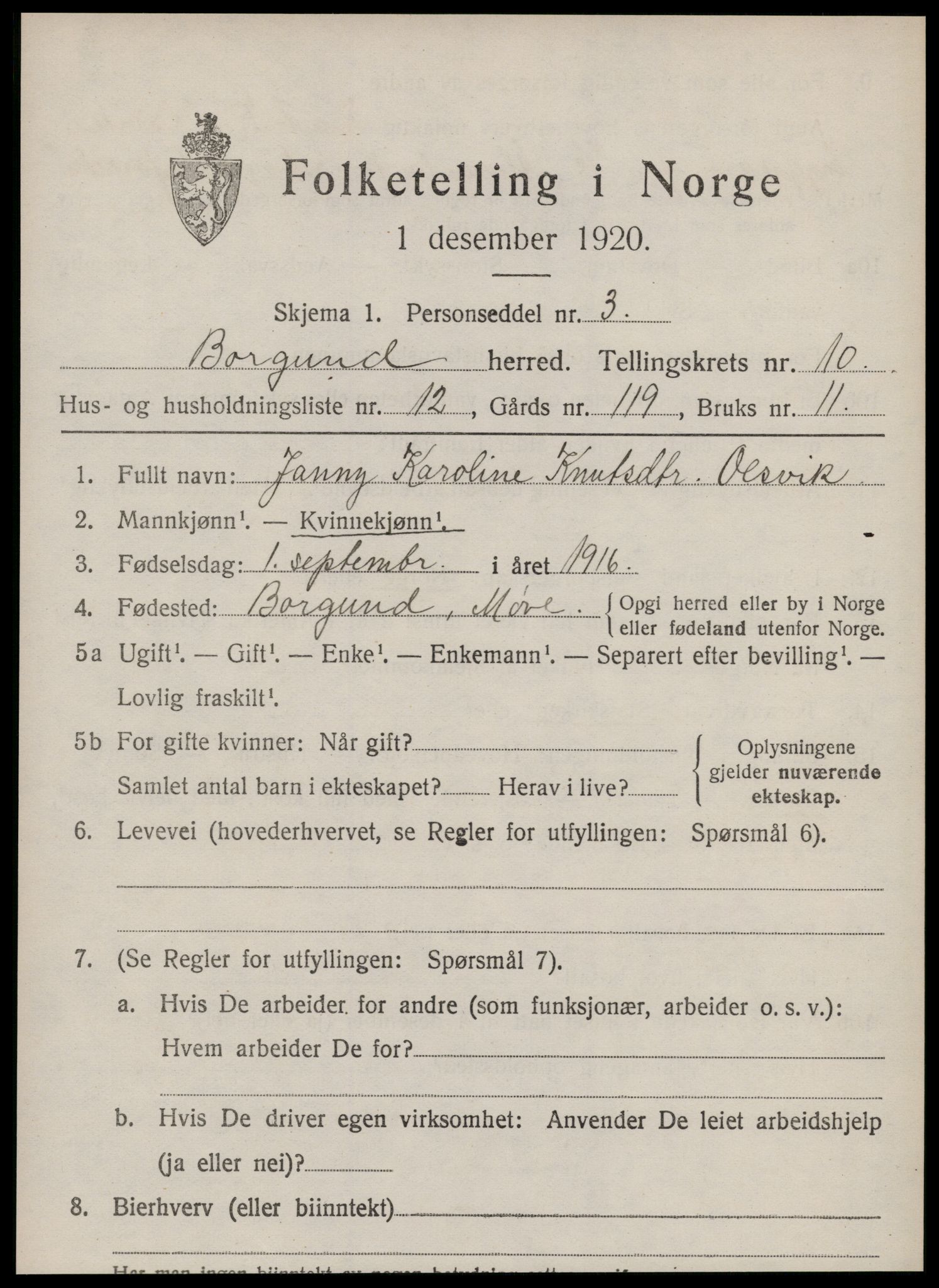 SAT, 1920 census for Borgund, 1920, p. 9318