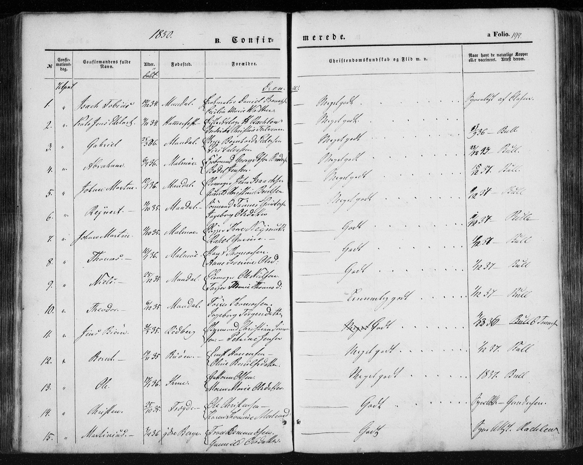 Mandal sokneprestkontor, SAK/1111-0030/F/Fa/Faa/L0013: Parish register (official) no. A 13, 1847-1859, p. 197