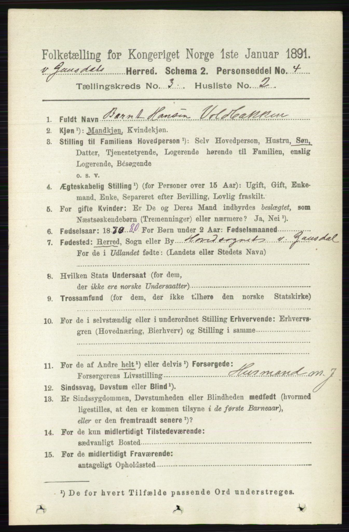 RA, 1891 census for 0523 Vestre Gausdal, 1891, p. 1259