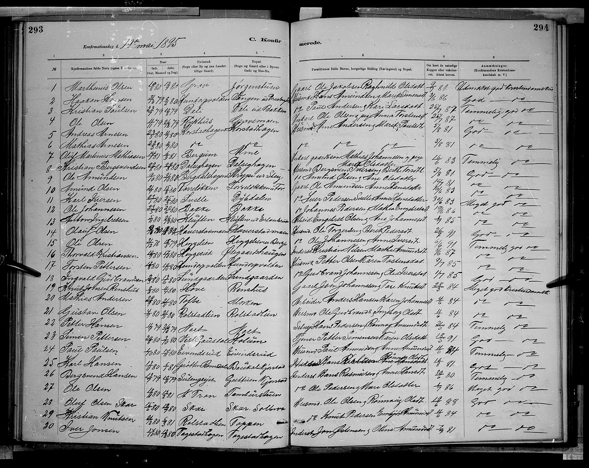 Sør-Fron prestekontor, SAH/PREST-010/H/Ha/Hab/L0003: Parish register (copy) no. 3, 1884-1896, p. 293-294