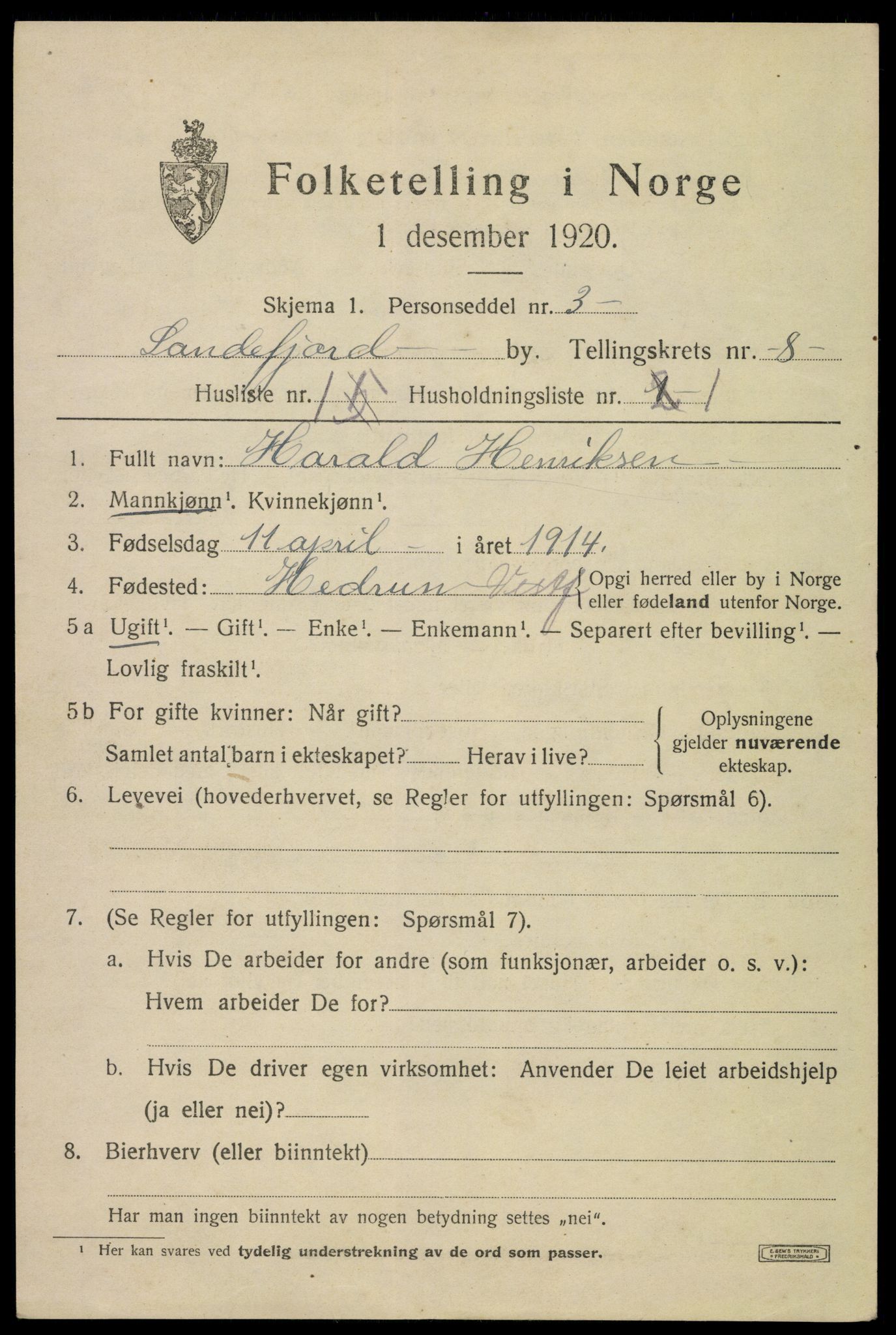 SAKO, 1920 census for Sandefjord, 1920, p. 11652